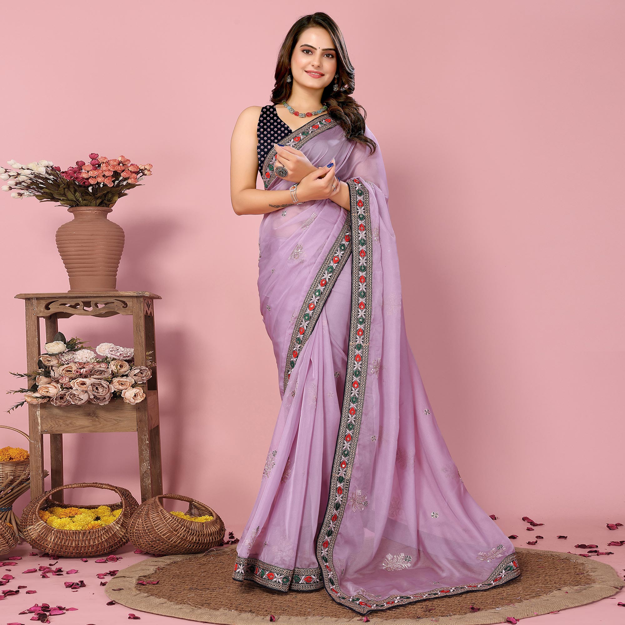 Lavender Floral Sequins Embroidered Organza Saree