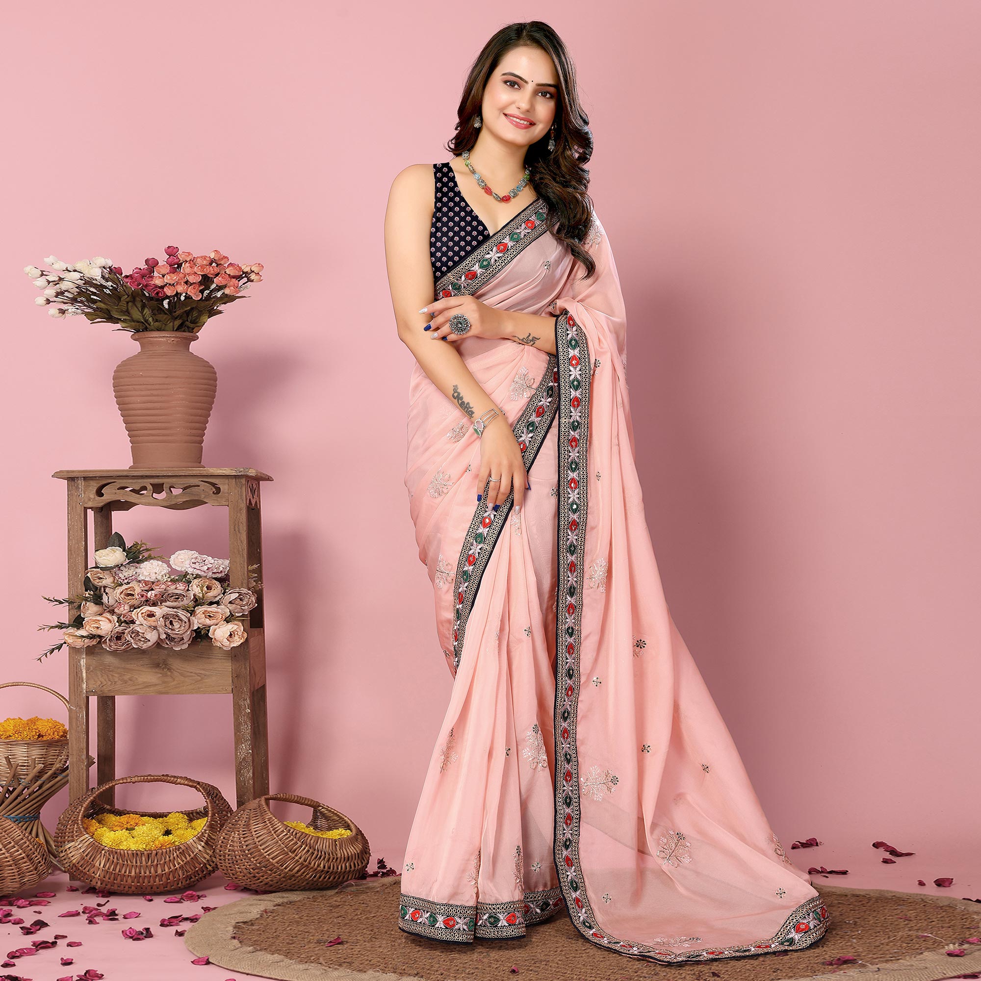 Peach Floral Sequins Embroidered Organza Saree