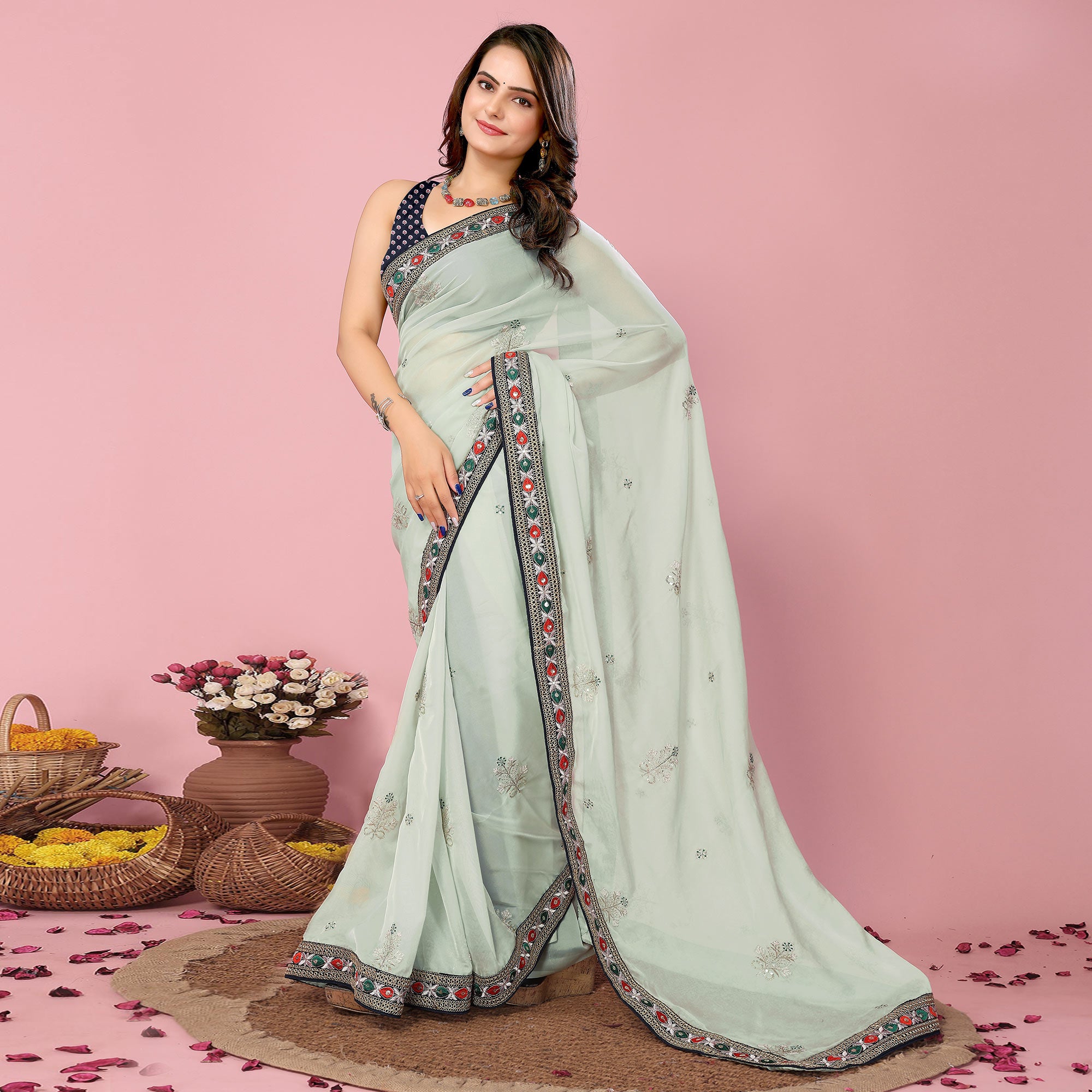 Sea Green Floral Sequins Embroidered Organza Saree
