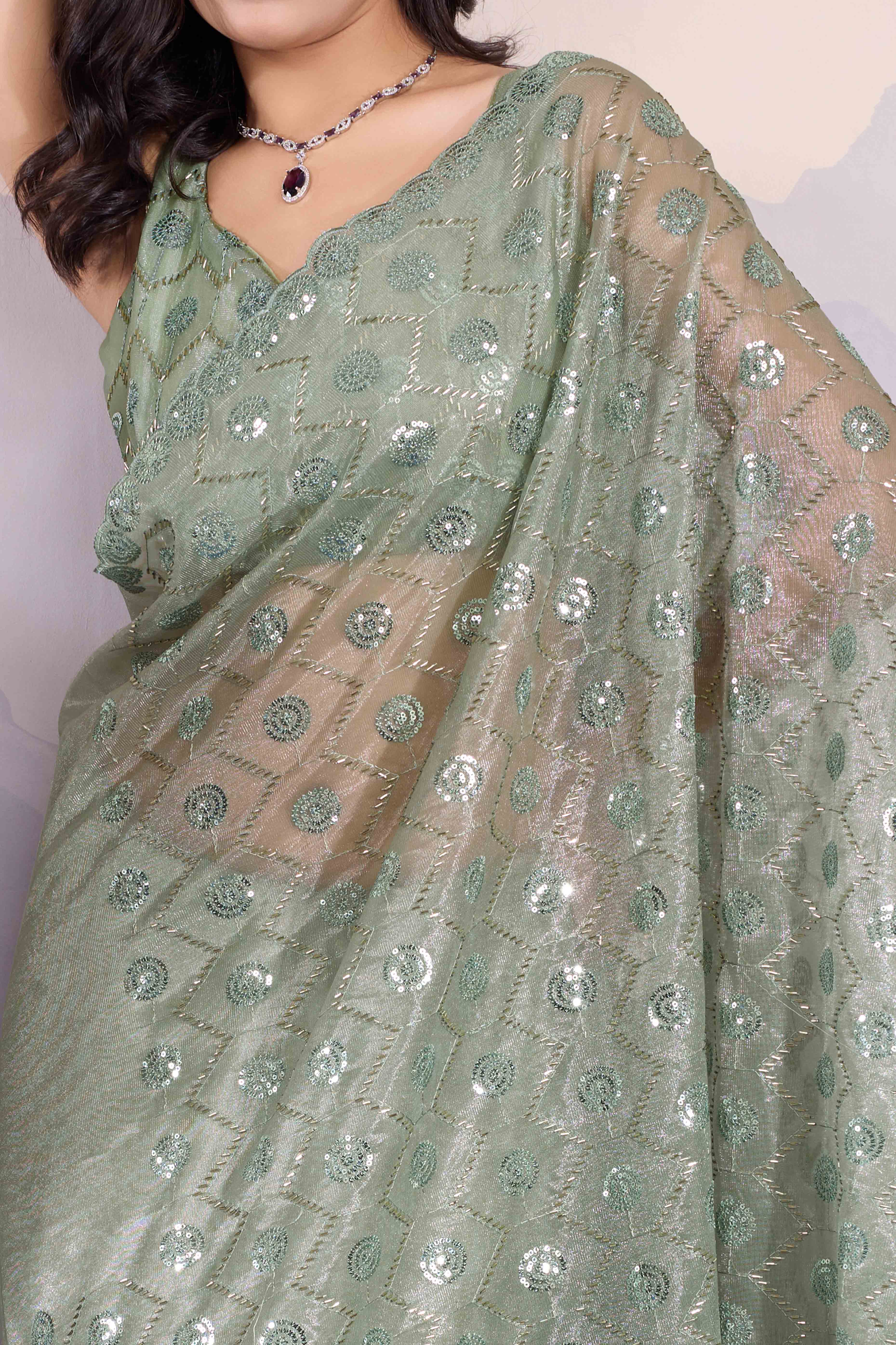 Green Sequins Embroidered Twill Net Saree