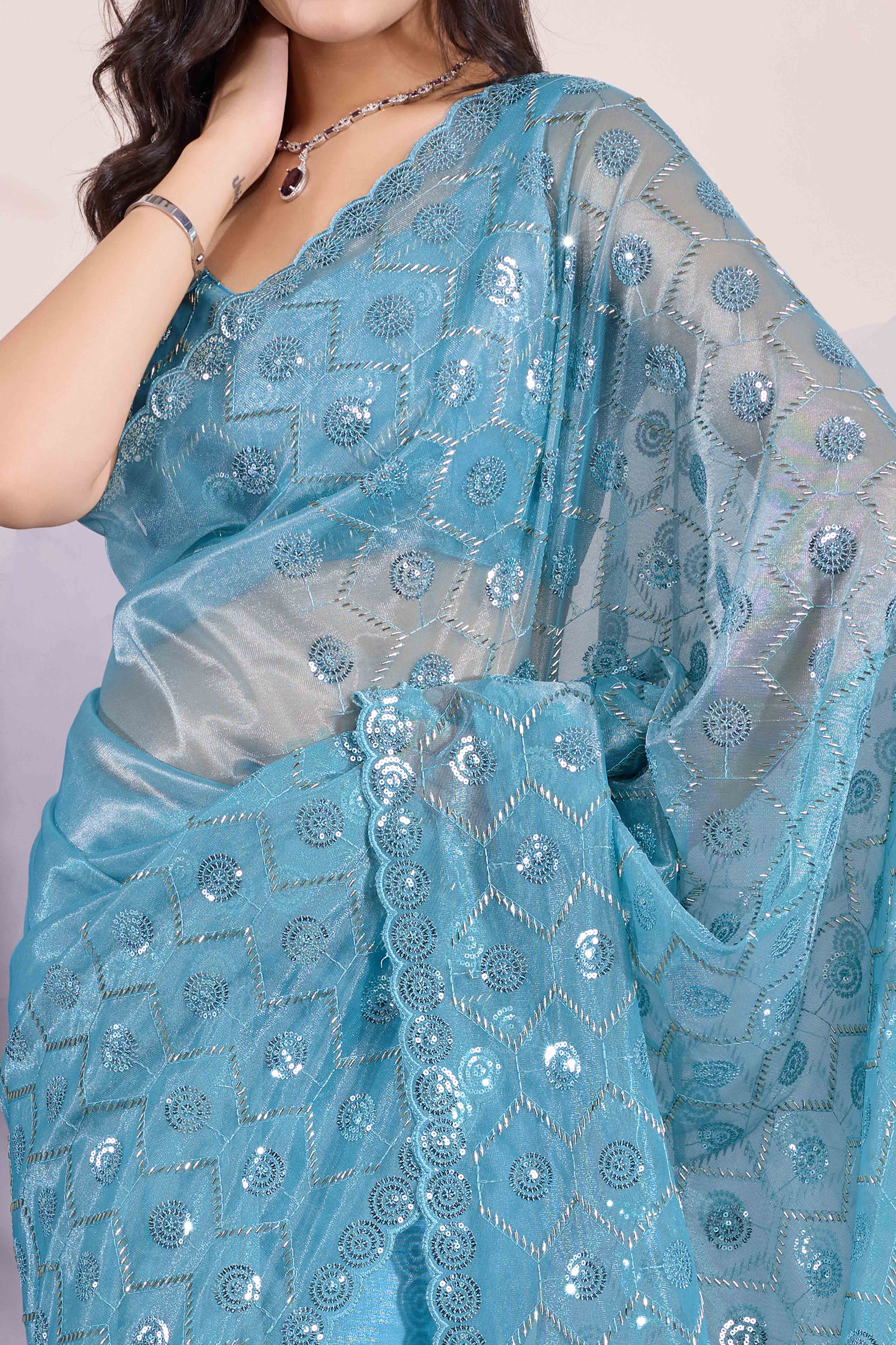 Blue Sequins Embroidered Twill Net Saree