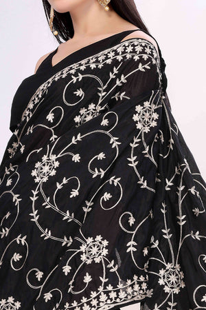 Black Chinon Silk Saree Adorned With Fine Floral Thread Work