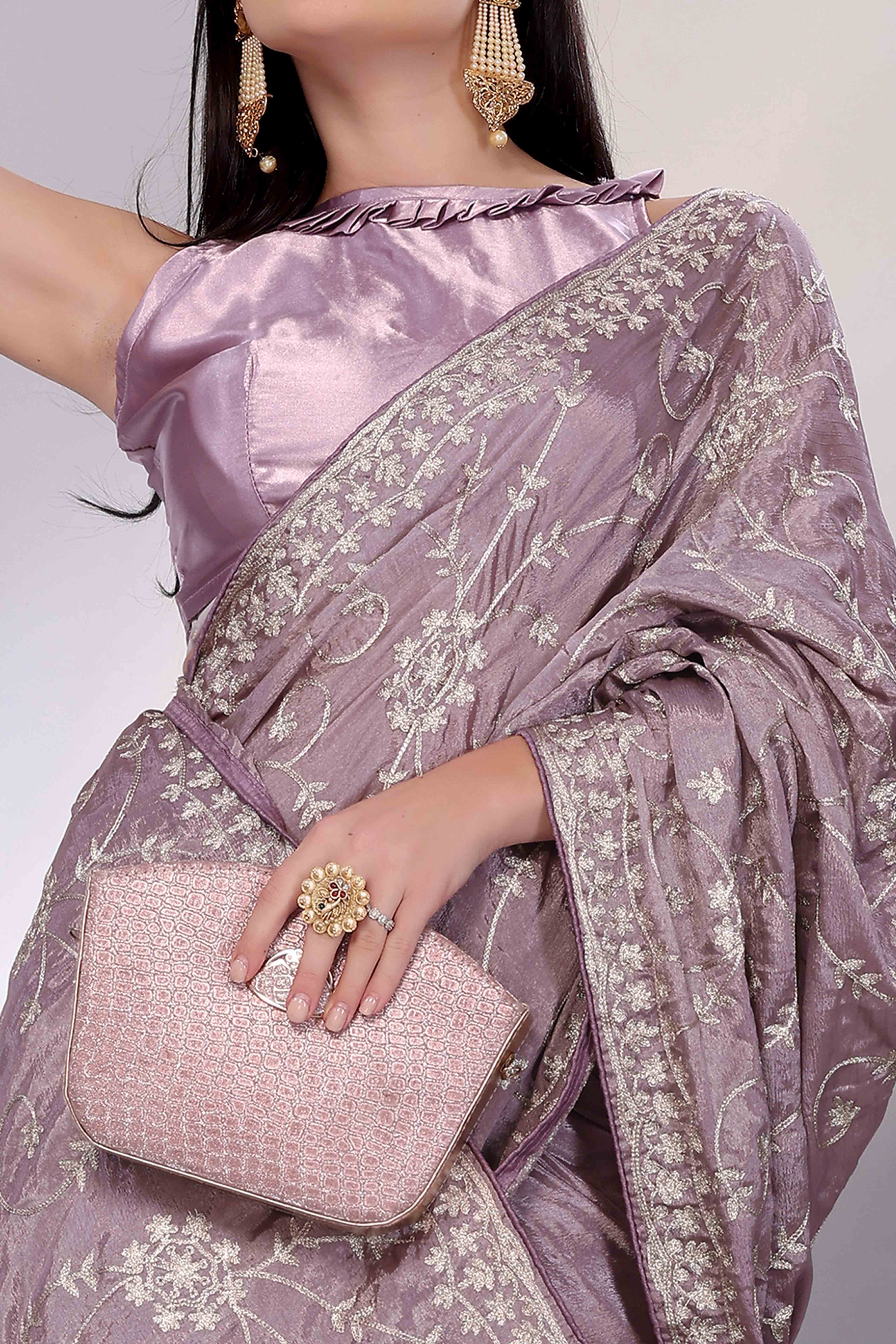 Lavender Chinon Silk Saree Adorned With Fine Floral Thread Work