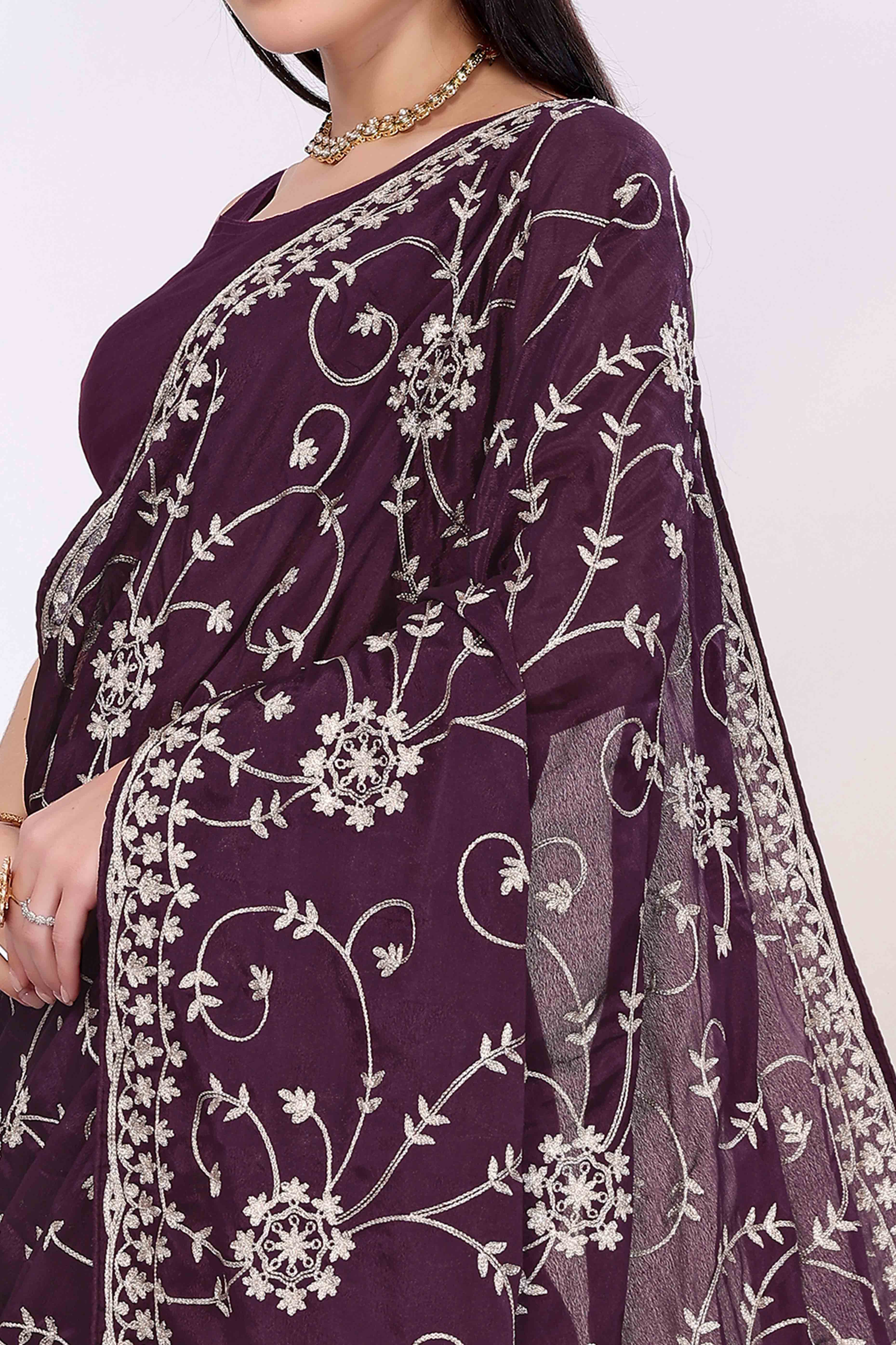 Wine Chinon Silk Saree Adorned With Fine Floral Thread Work