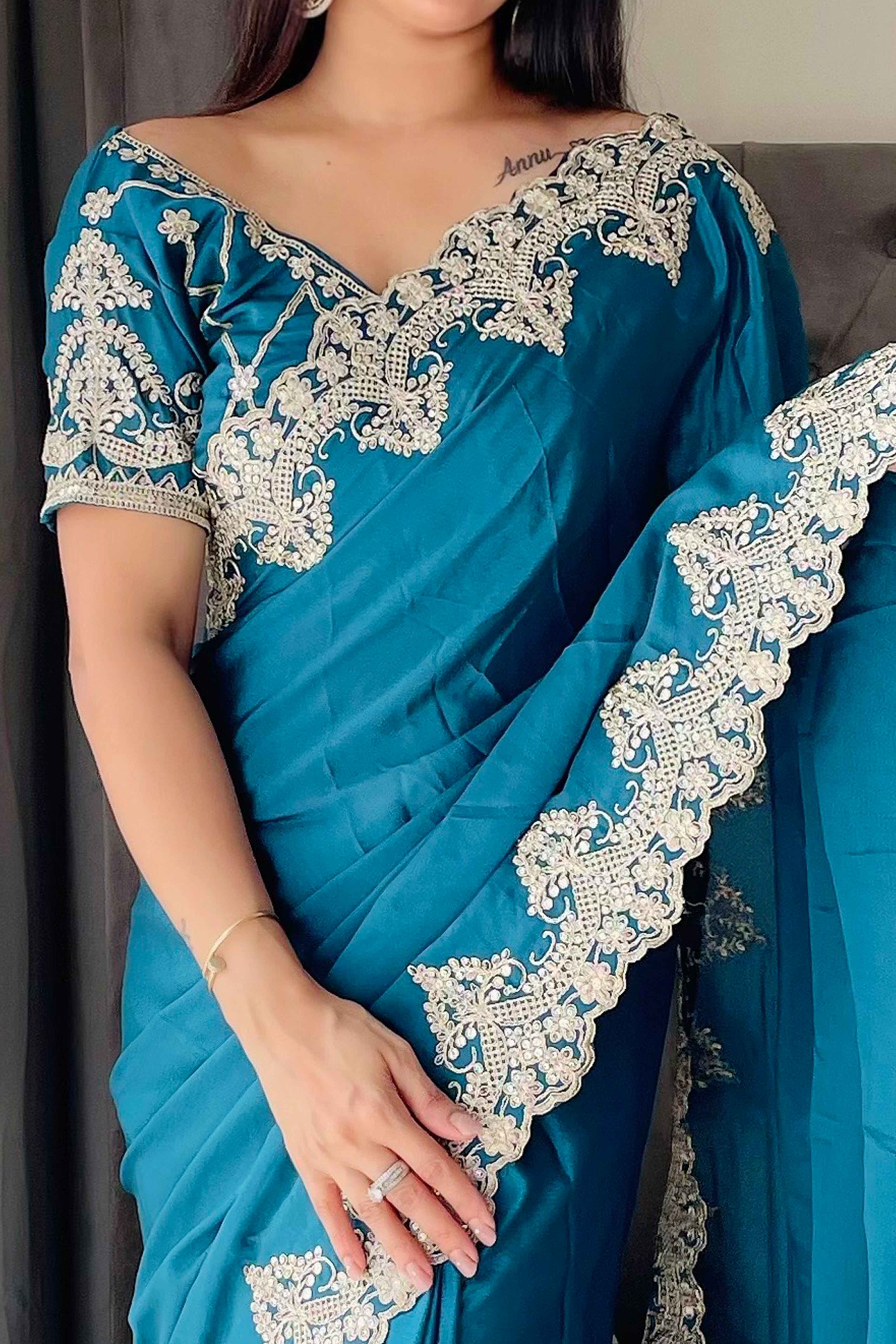 Blue Chinon Silk Blend Saree With Intricate Sequins & Cording Embroidery