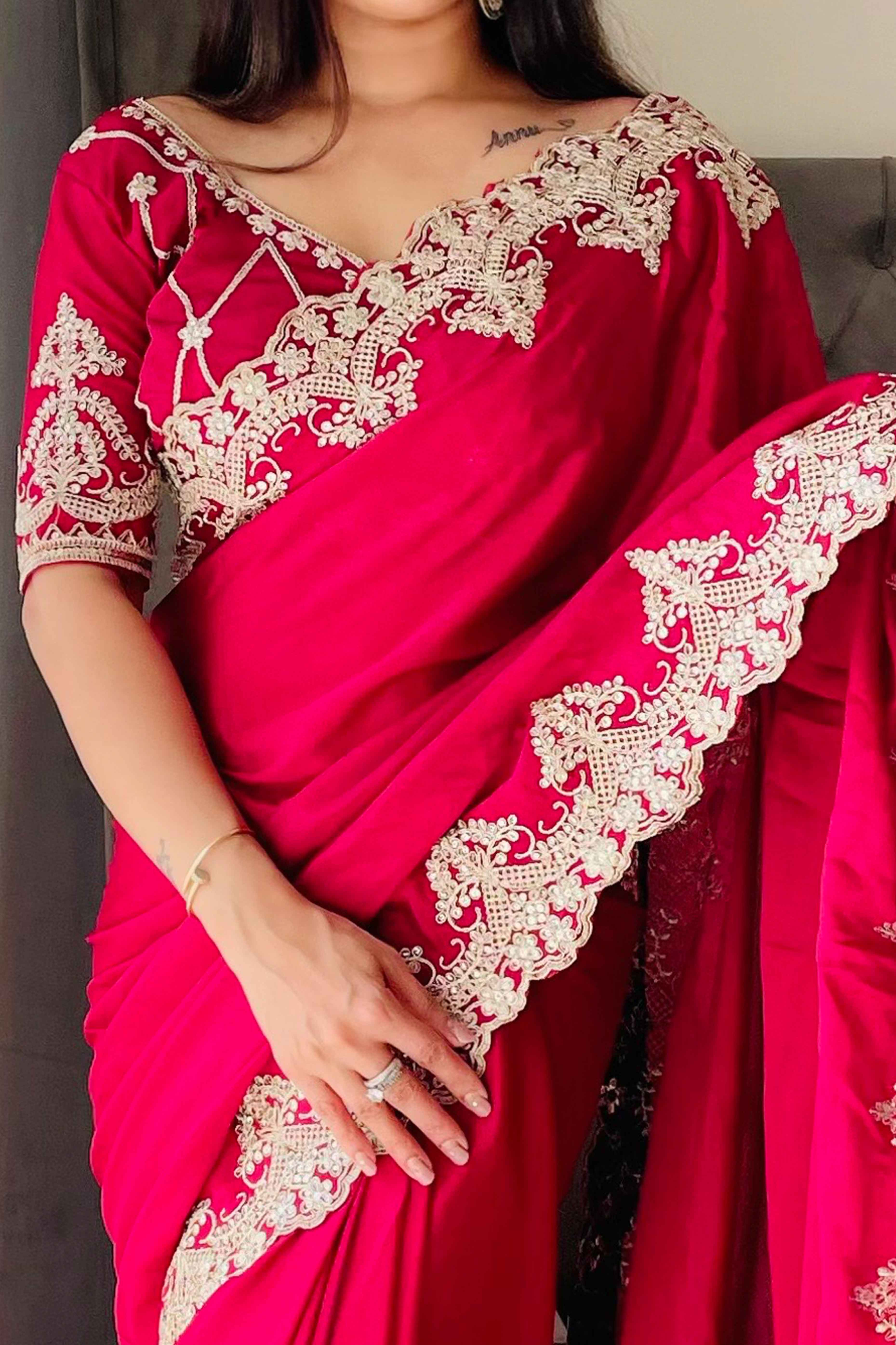 Pink Chinon Silk Blend Saree With Intricate Sequins & Cording Embroidery