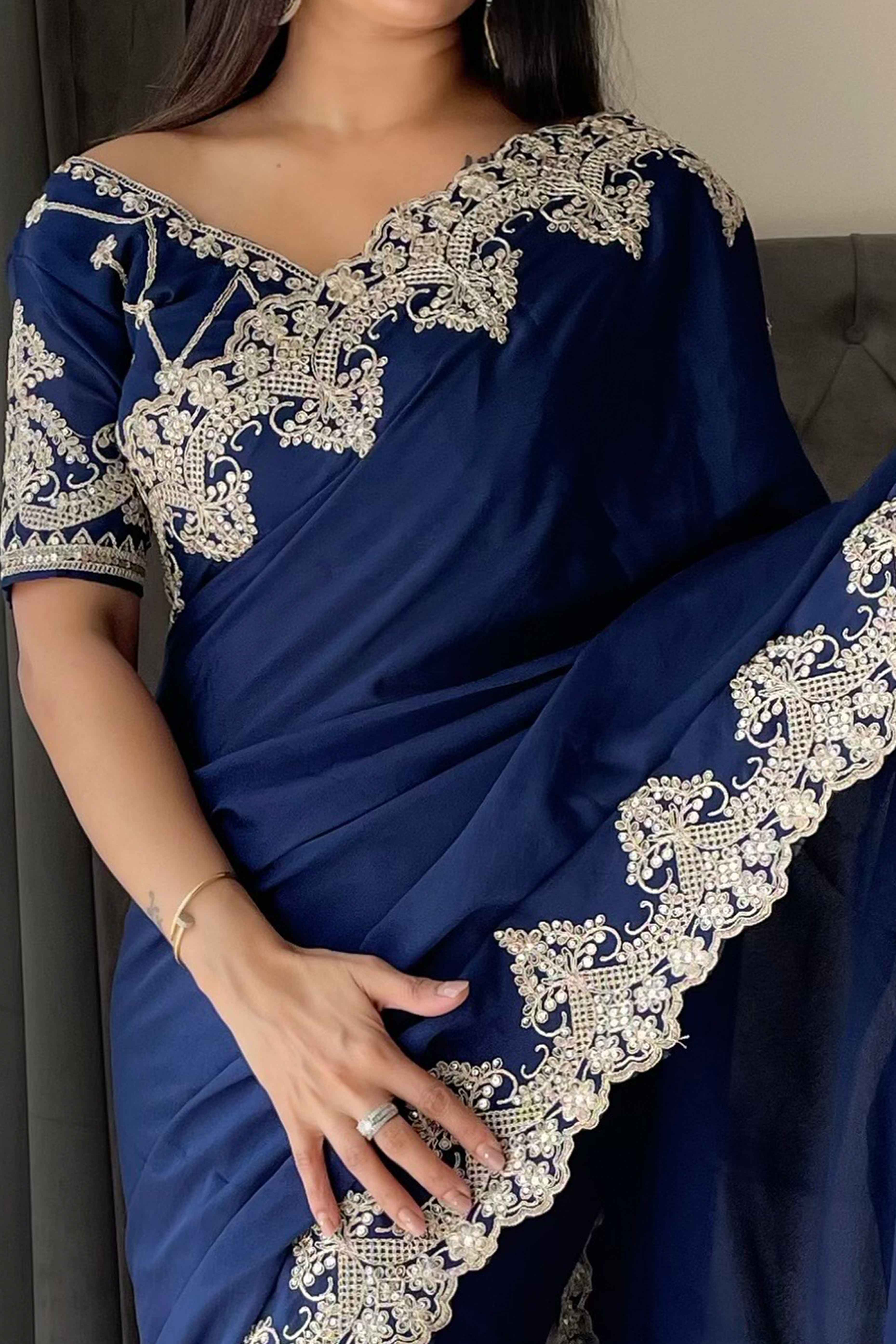 Navy Blue Chinon Silk Blend Saree With Intricate Sequins & Cording Embroidery