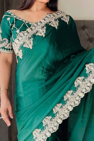 Green Chinon Silk Blend Saree With Intricate Sequins & Cording Embroidery