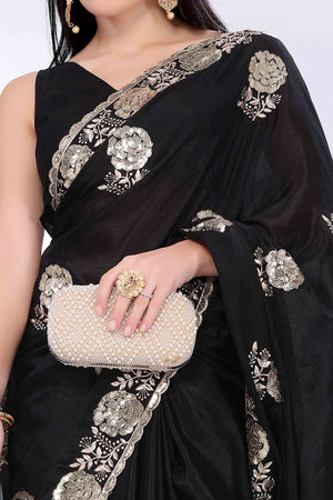 Black Saree Featuring Intricate Floral Embroidery With Sequins On Chinon Silk