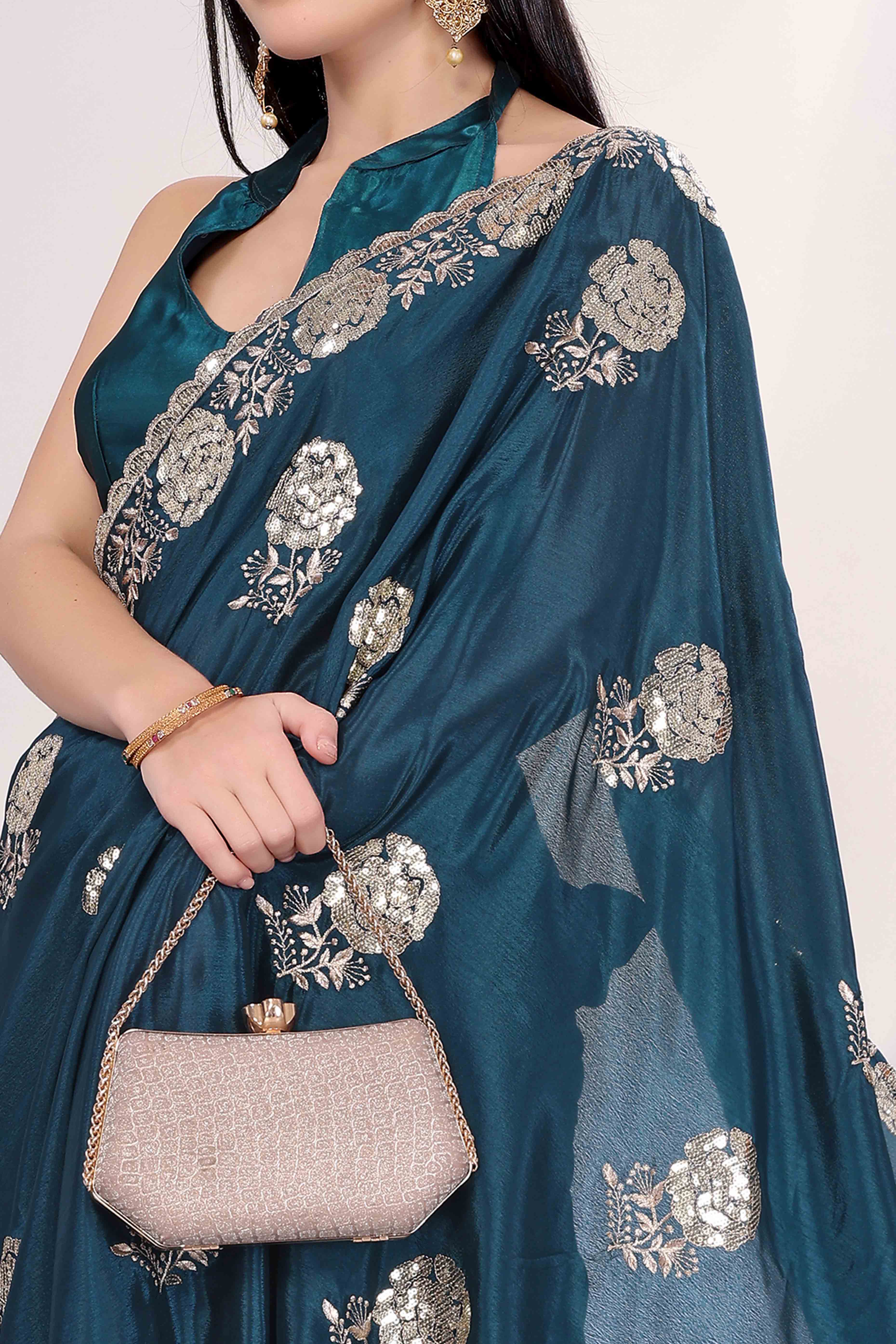 Teal Saree Featuring Intricate Floral Embroidery With Sequins On Chinon Silk