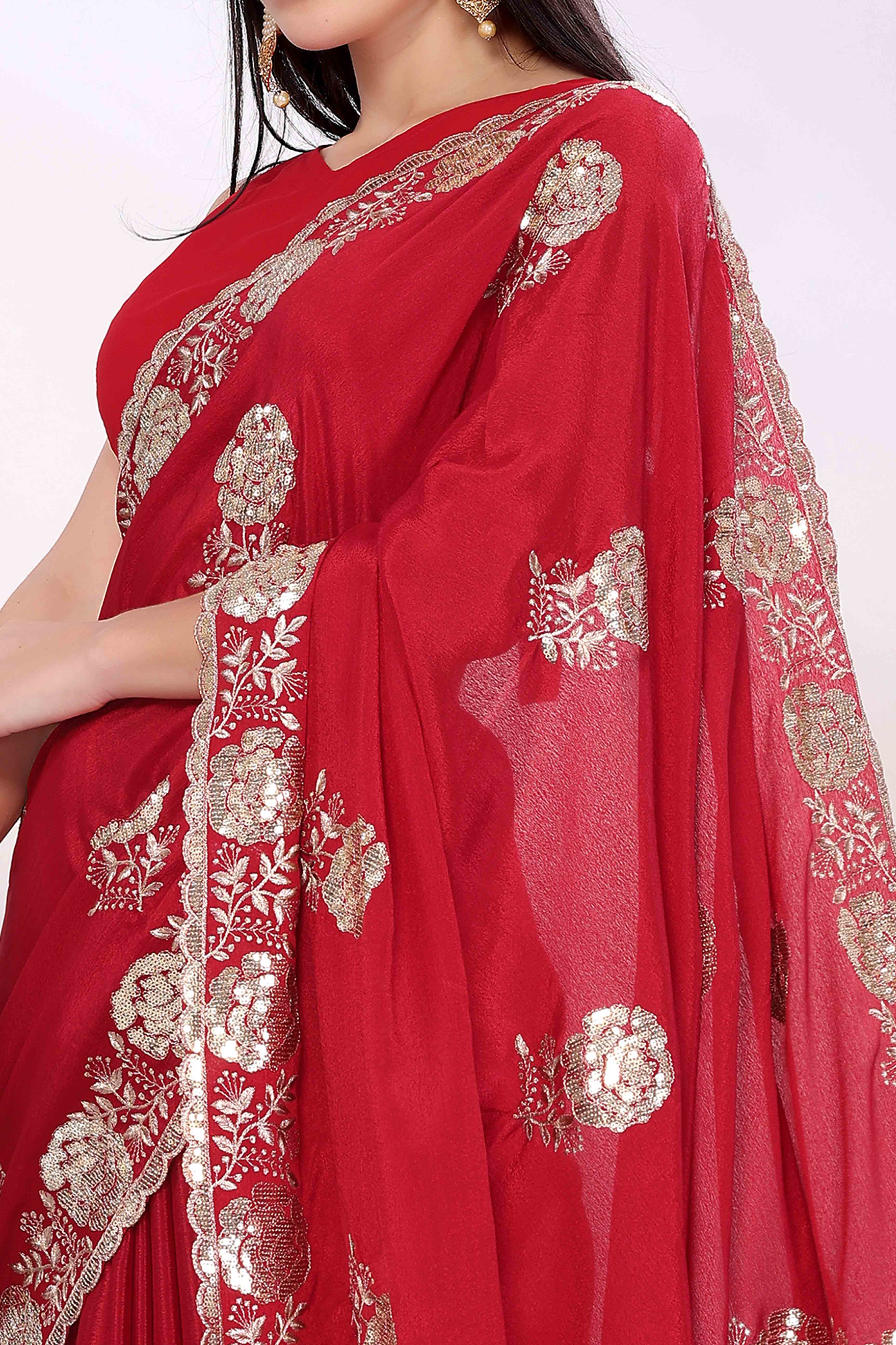 Cherry Red Saree Featuring Intricate Floral Embroidery With Sequins On Chinon Silk