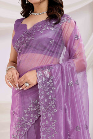 Purple Floral Sequins Embroidered Twill Net Saree