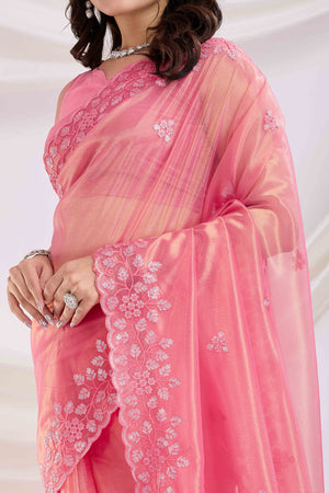 Pink Floral Sequins Embroidered Twill Net Saree