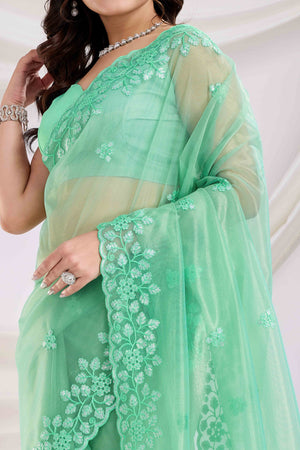 Sea Green Floral Sequins Embroidered Twill Net Saree