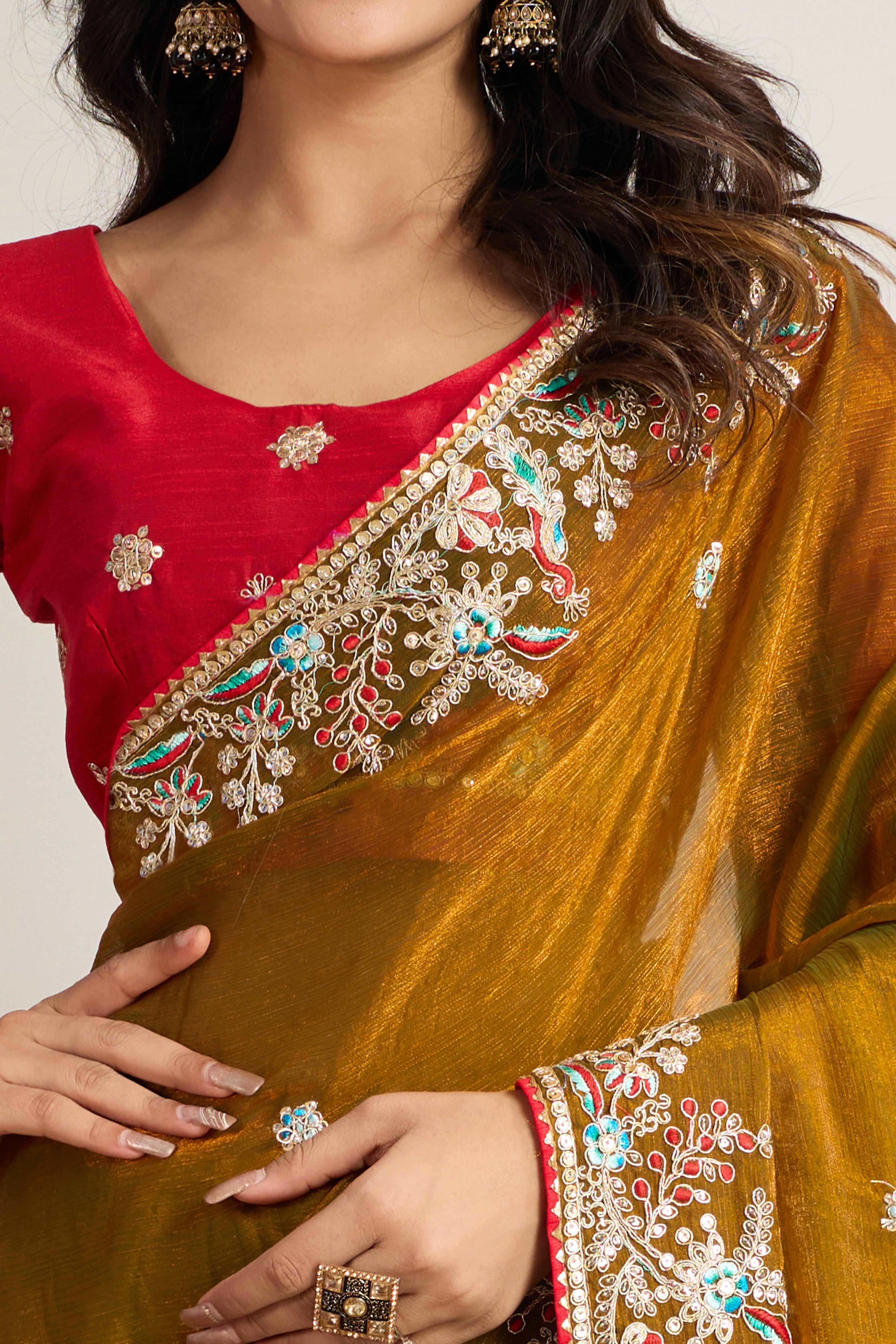 Olive Fancy Chiffon Partywear Saree with Intricate Sequins & Thread Embroidery