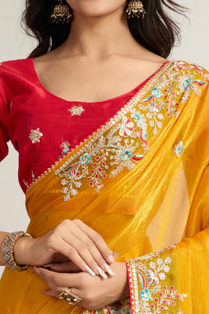 Mustard Fancy Chiffon Partywear Saree with Intricate Sequins & Thread Embroidery