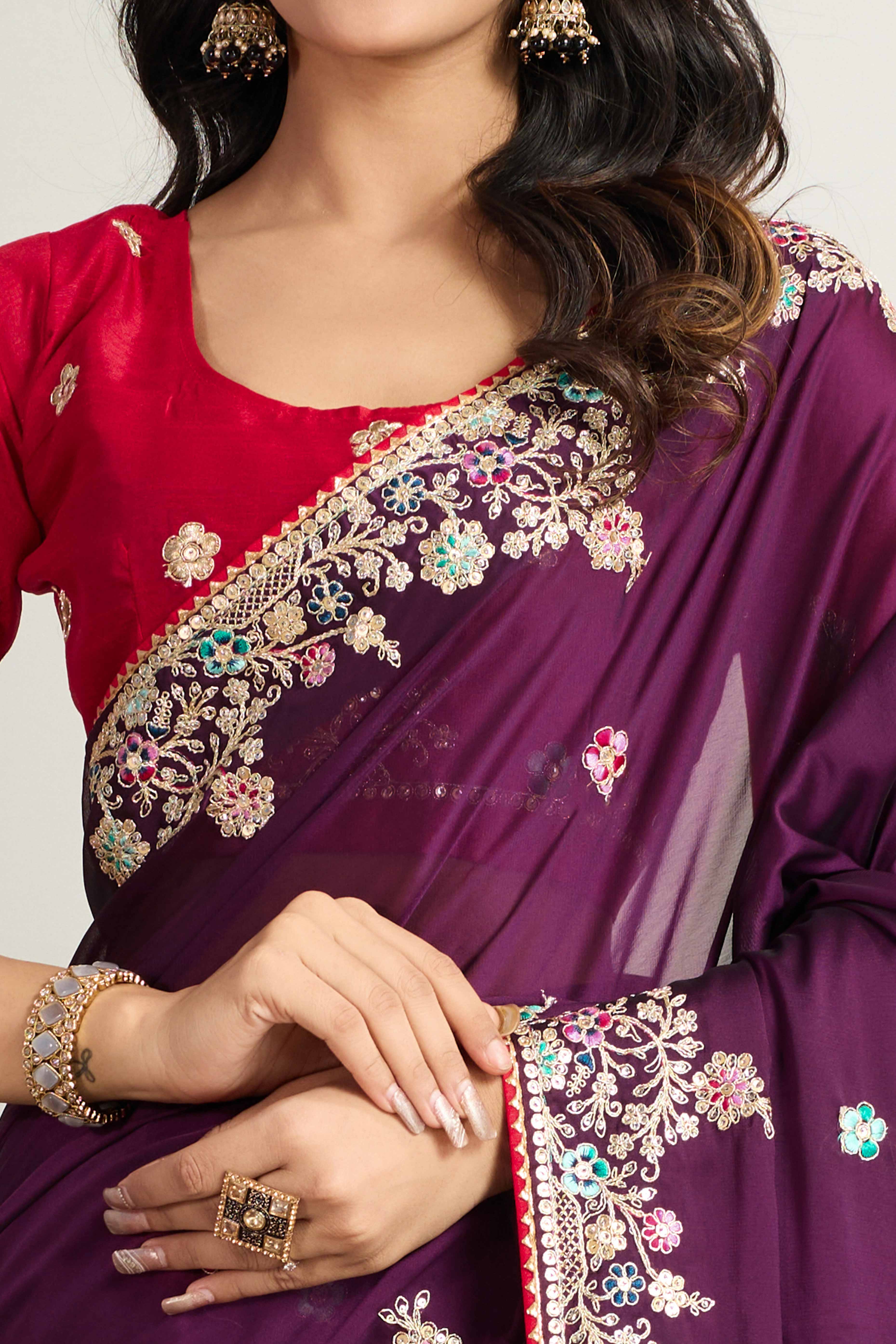 Purple Star Georgette Party Saree with Sequins and Floral Embroidery