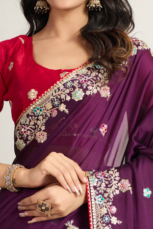 Purple Star Georgette Party Saree with Sequins and Floral Embroidery