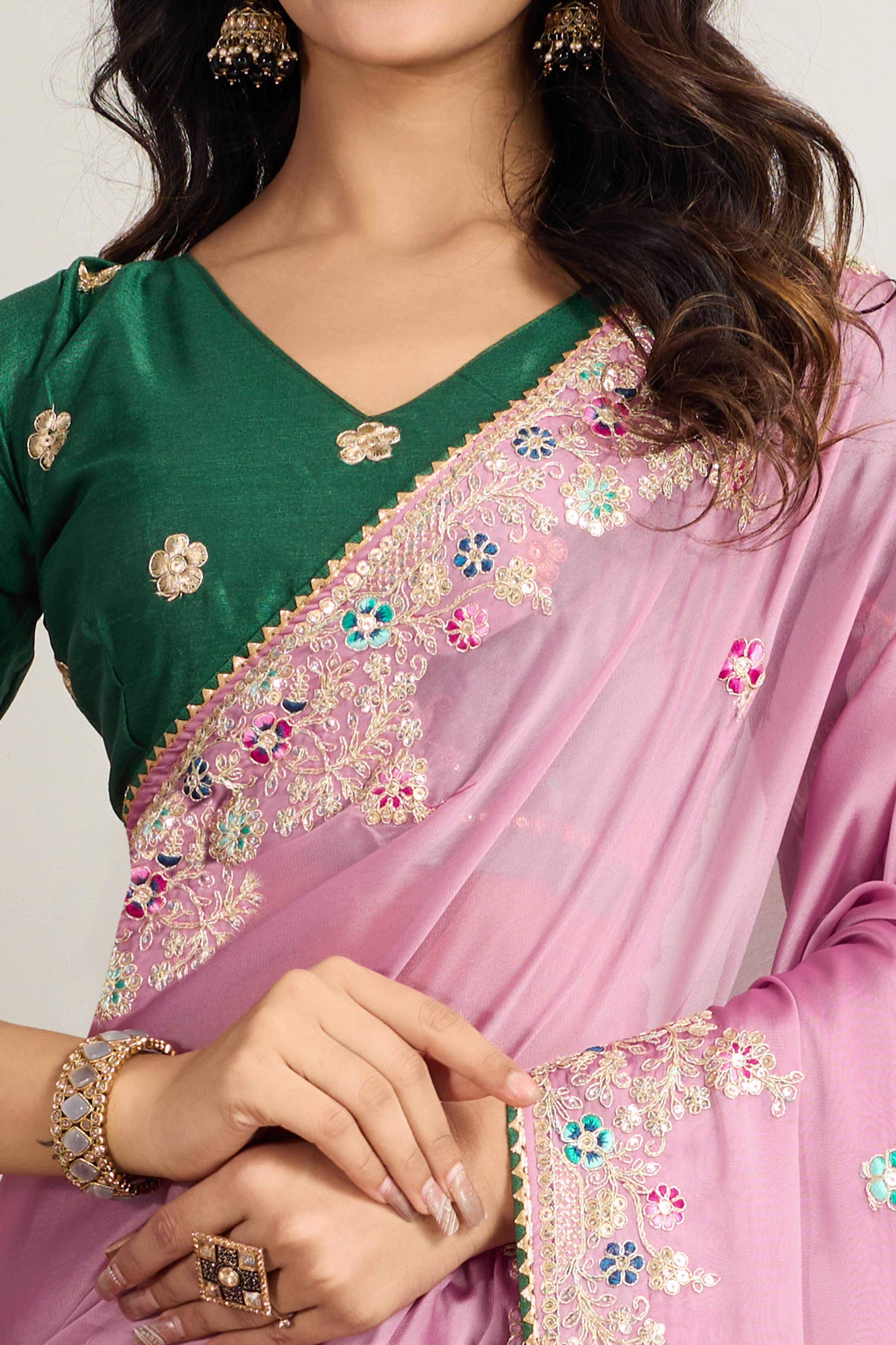 Pink Star Georgette Party Saree with Sequins and Floral Embroidery