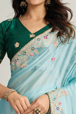Aqua Blue Star Georgette Party Saree with Sequins and Floral Embroidery