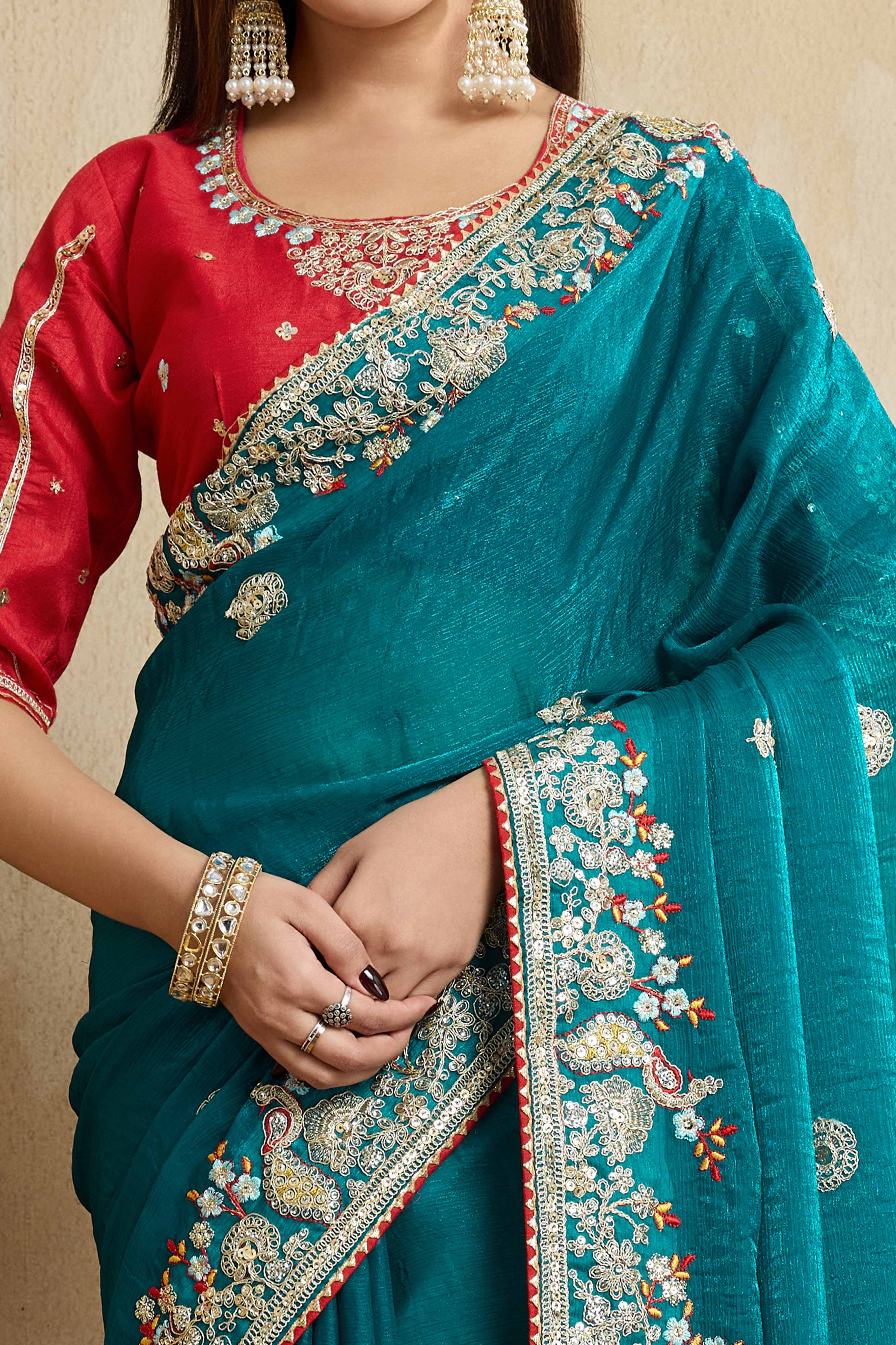 Rama Blue Chiffon Saree With intricate Floral Cording Embroidery & Shimmering Sequins Work