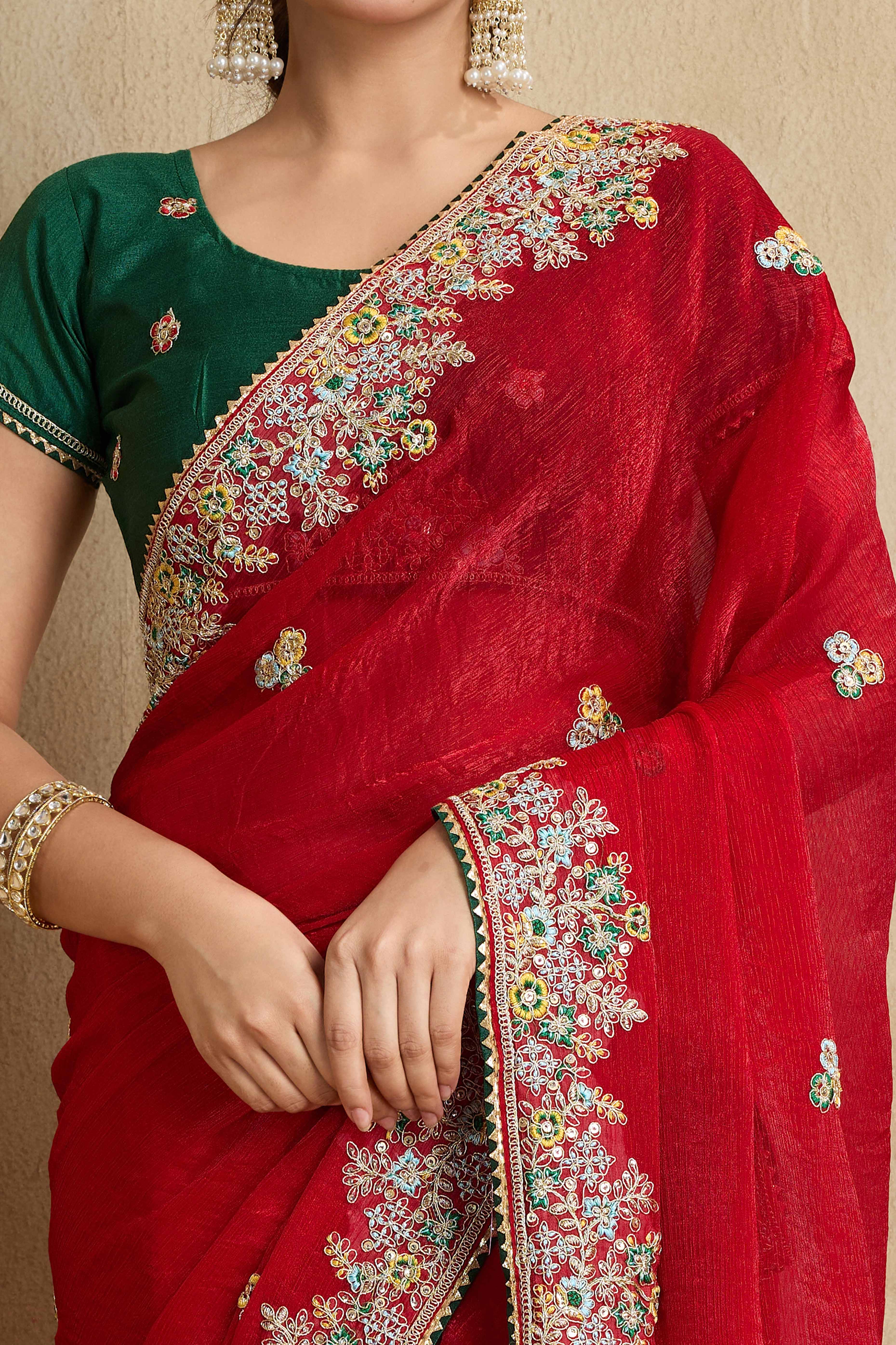 Luxe Frendy Chiffon Saree in Bold Red with Delicate Floral Embroidery