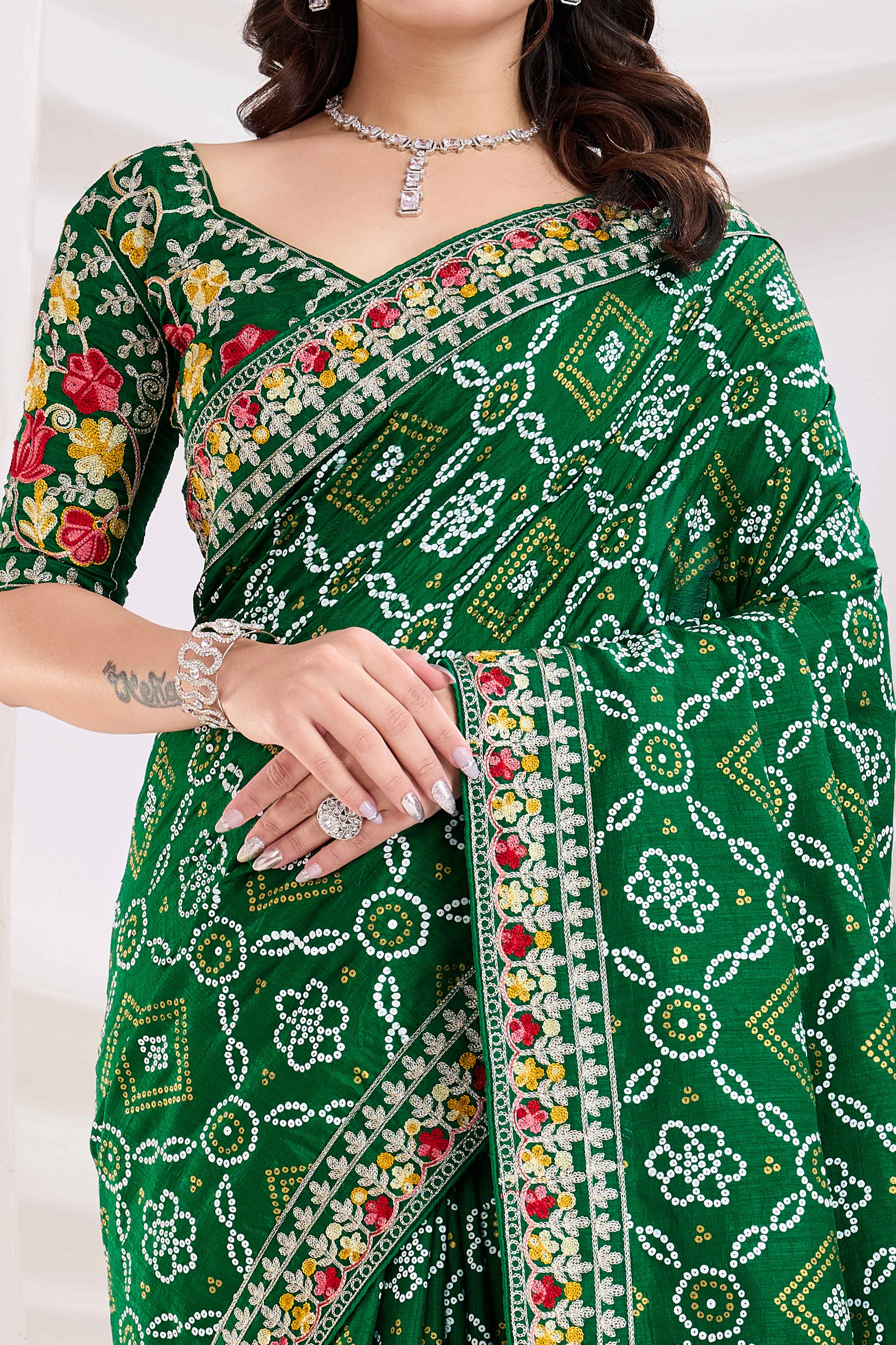 Green Bandhani Printed Vichitra Silk Saree With Embroidery Border