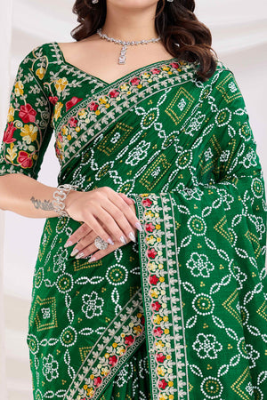 Green Bandhani Printed Vichitra Silk Saree With Embroidery Border