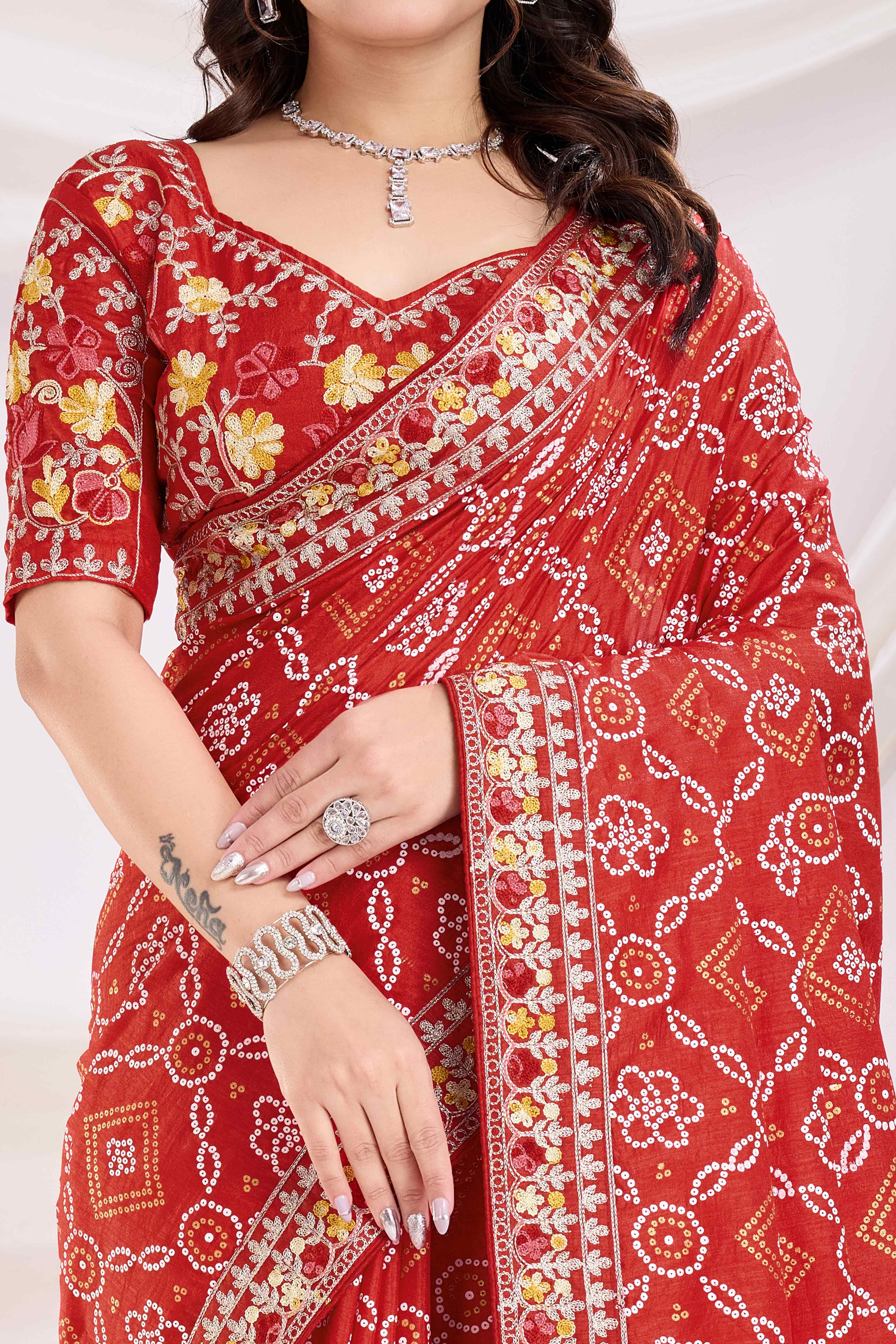 Red Bandhani Printed Vichitra Silk Saree With Embroidery Border