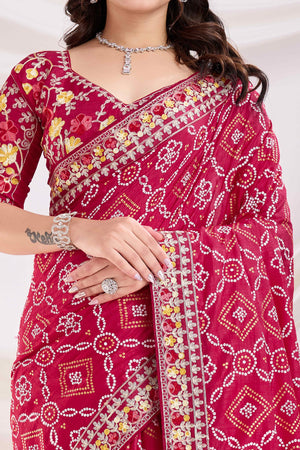 Cherry Red Bandhani Printed Vichitra Silk Saree With Embroidery Border