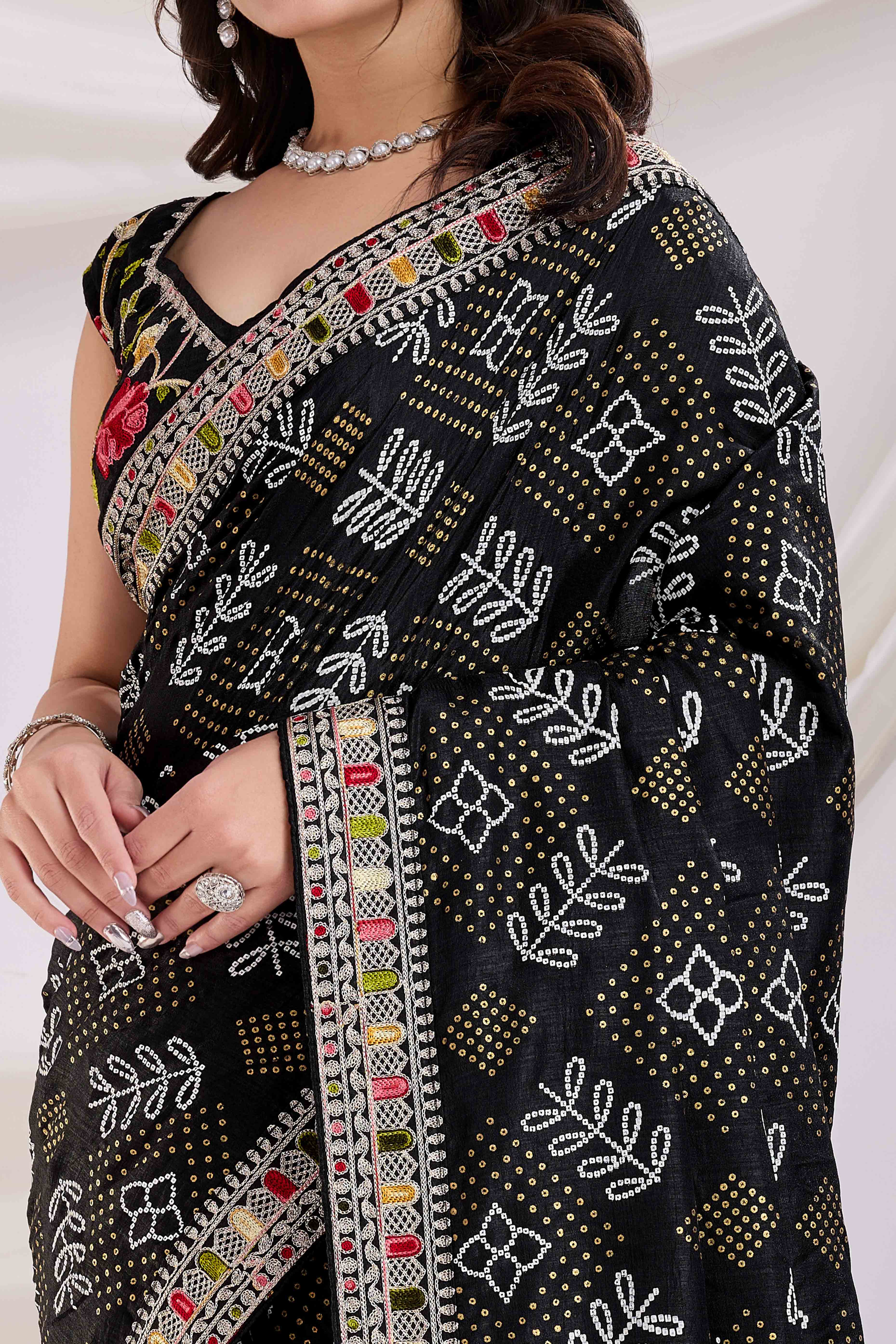 Black Bandhani Printed With Embroidered Border Vichitra Silk Saree