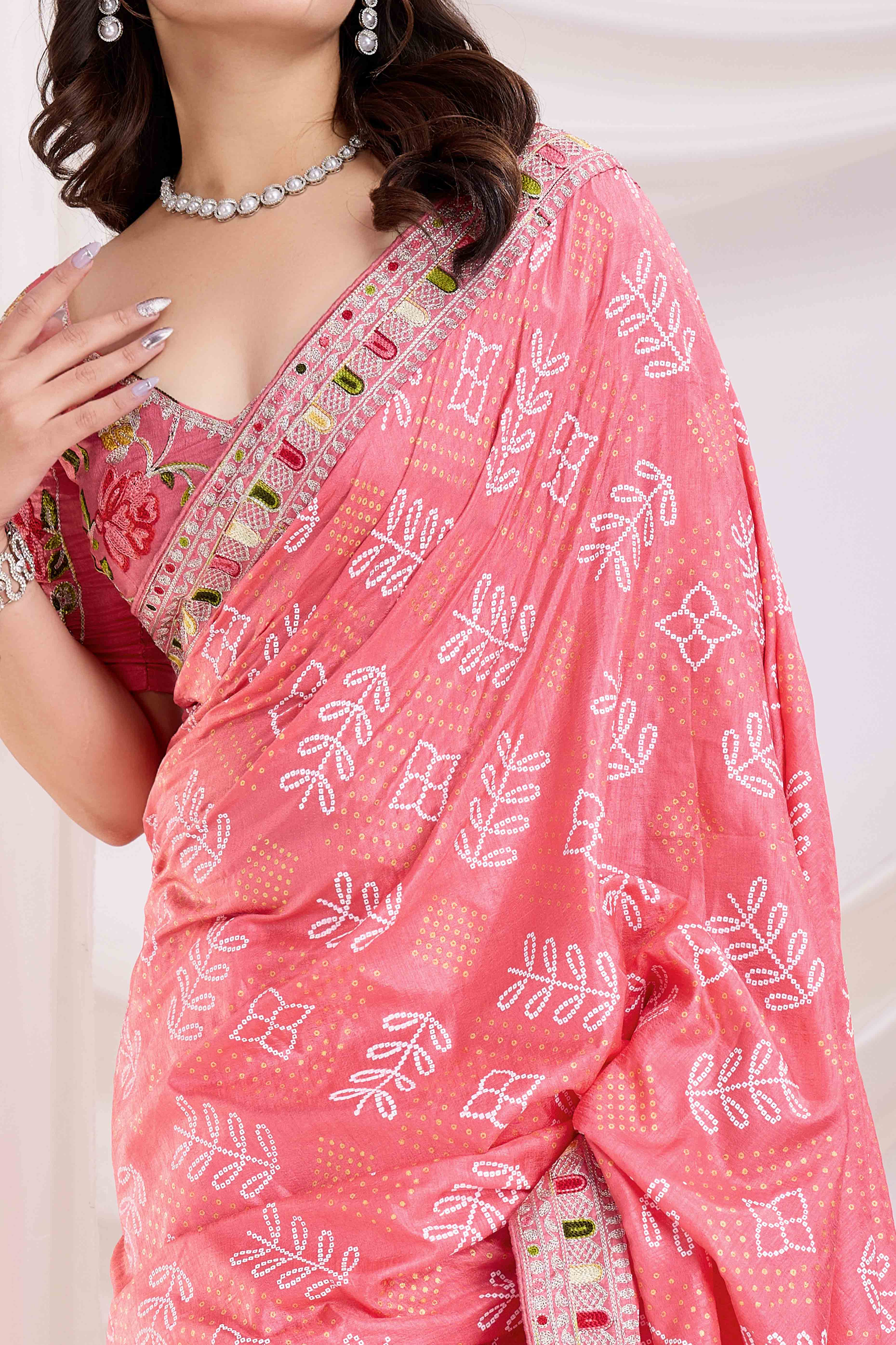 Pink Bandhani Printed With Embroidered Border Vichitra Silk Saree