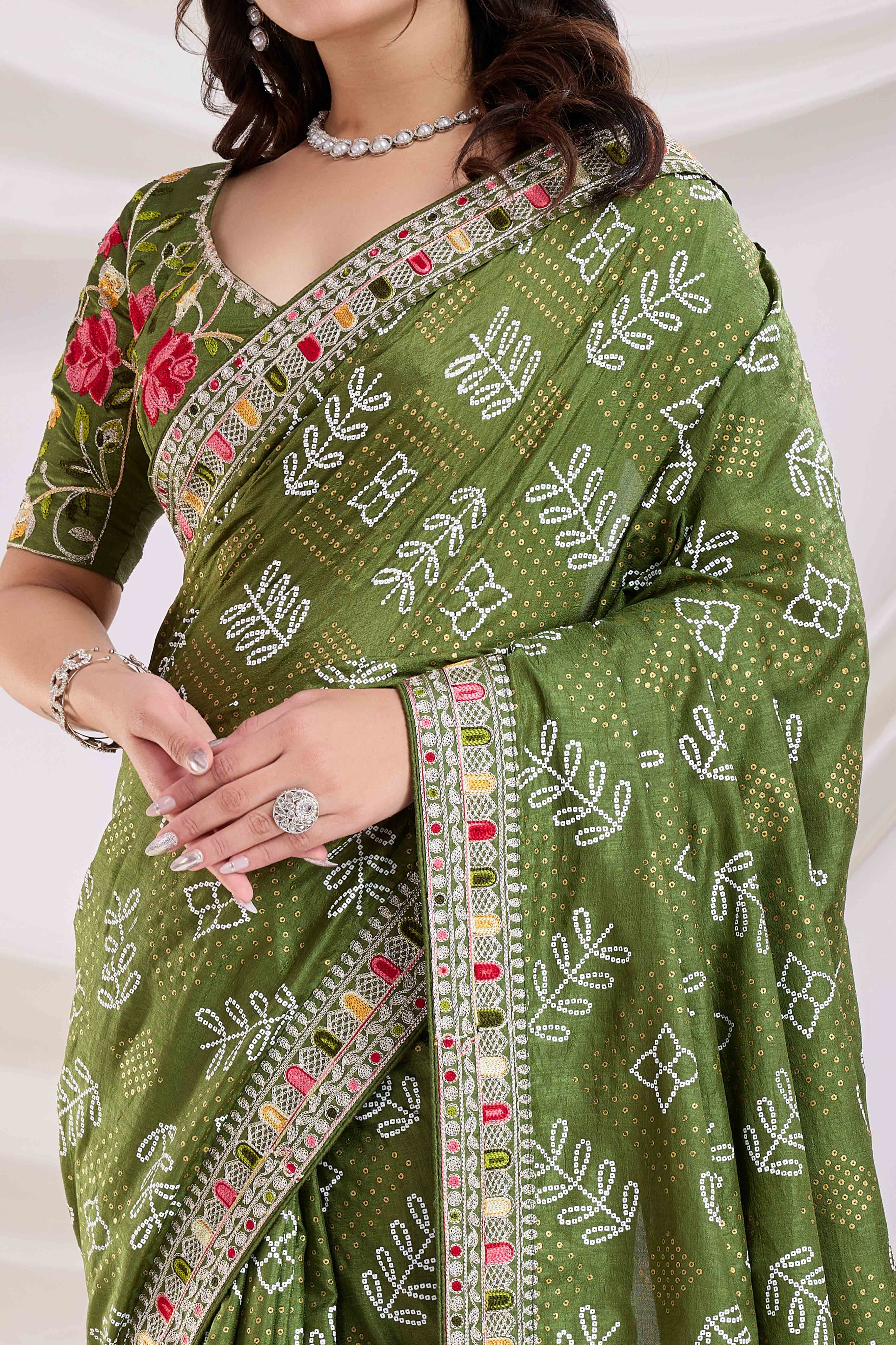 Green Bandhani Printed With Embroidered Border Vichitra Silk Saree