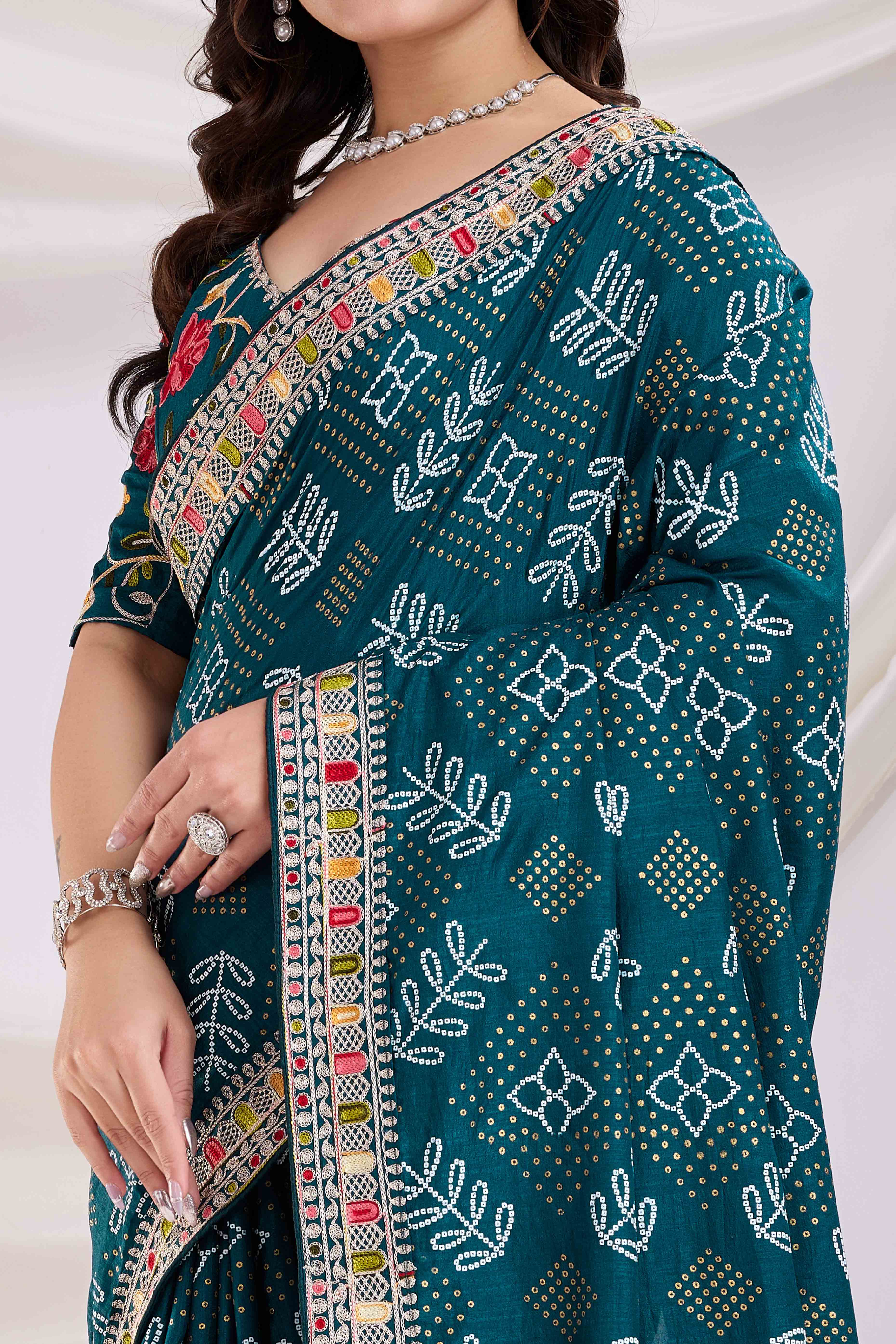 Teal Bandhani Printed With Embroidered Border Vichitra Silk Saree