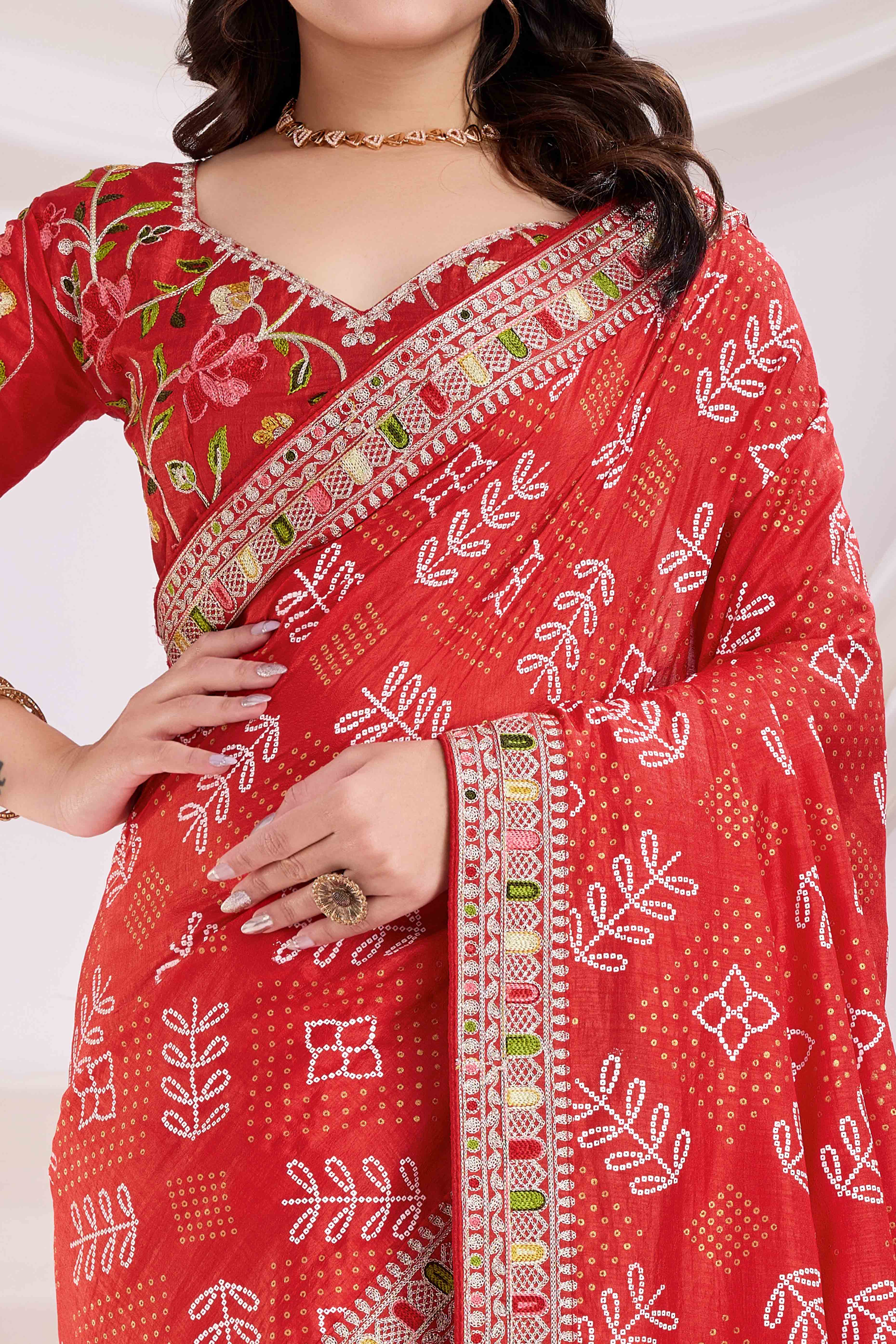 Red Bandhani Printed With Embroidered Border Vichitra Silk Saree