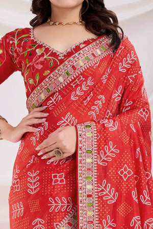 Red Bandhani Printed With Embroidered Border Vichitra Silk Saree