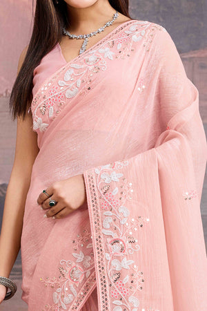 Peach Floral Sequins Embroidered Organza Saree