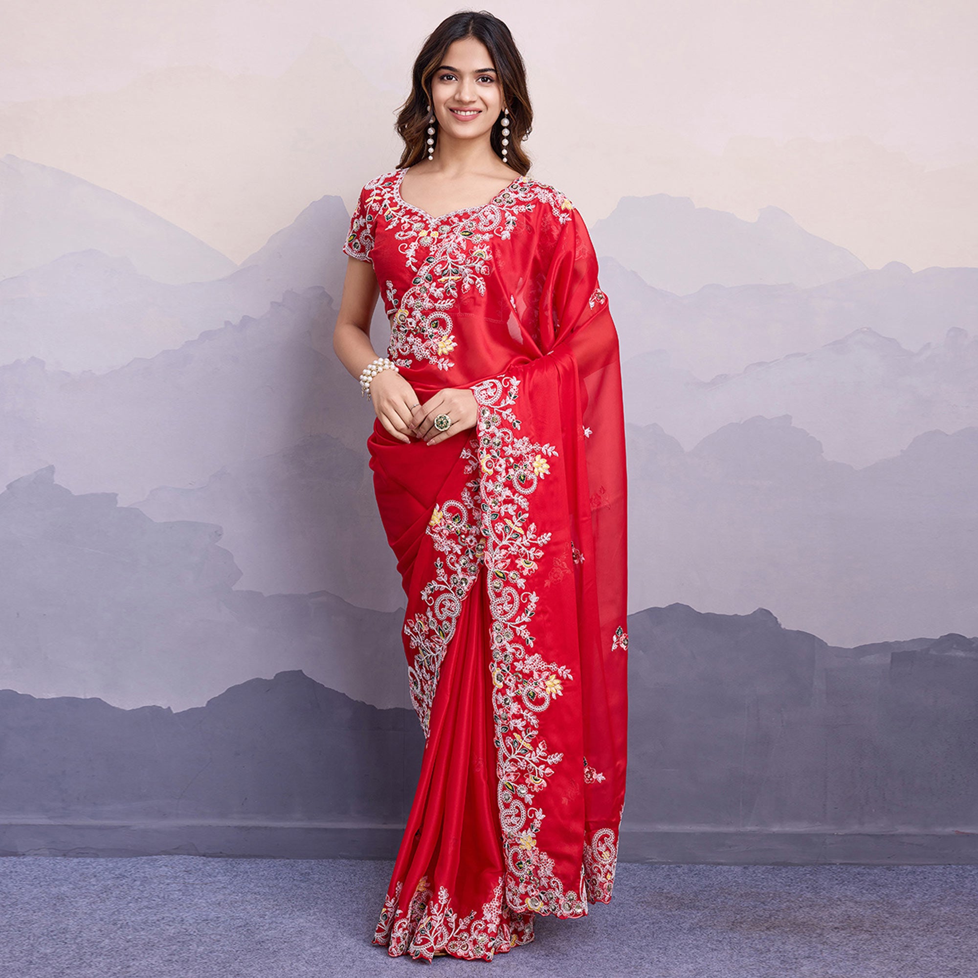 Red Floral Sequins Embroidered Art Silk Saree