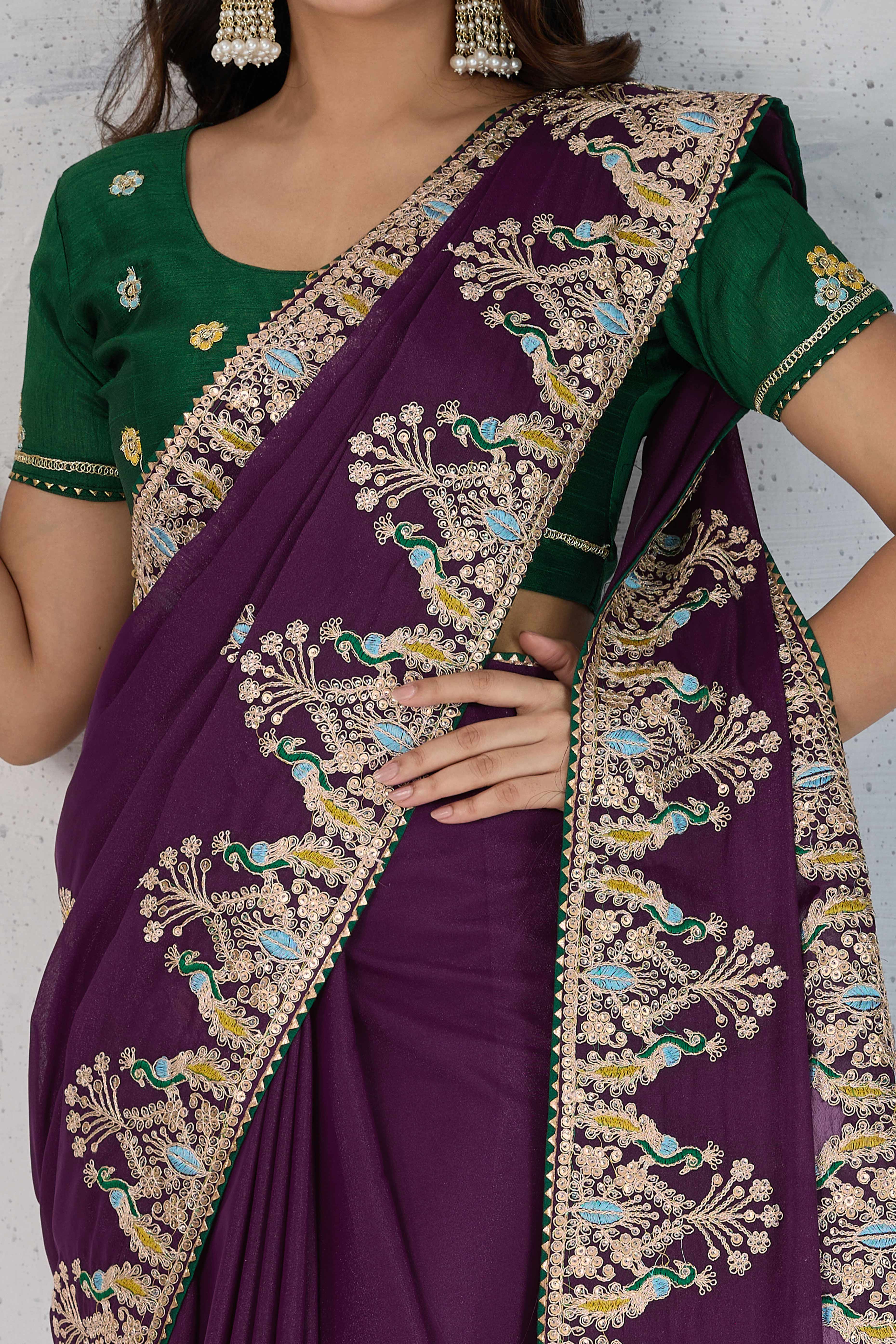 Purple Embroidered Saree with Ethnic Detailing in Georgette Fabric