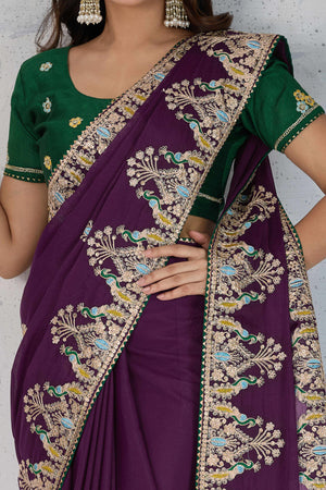 Purple Embroidered Saree with Ethnic Detailing in Georgette Fabric