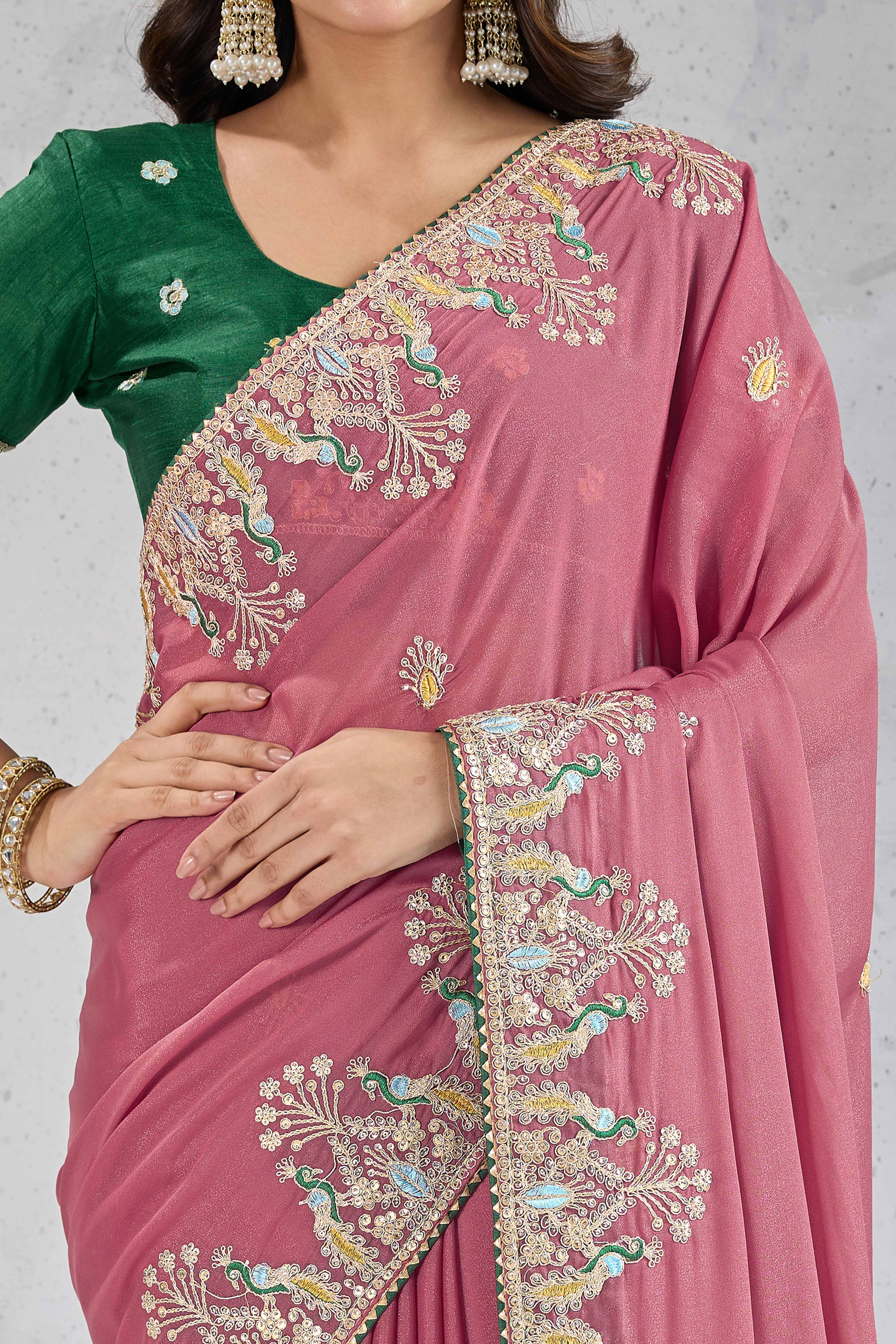 Dusty Pink Embroidered Saree with Ethnic Detailing in Georgette Fabric