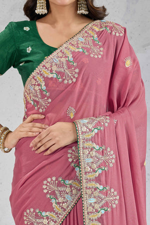 Dusty Pink Embroidered Saree with Ethnic Detailing in Georgette Fabric