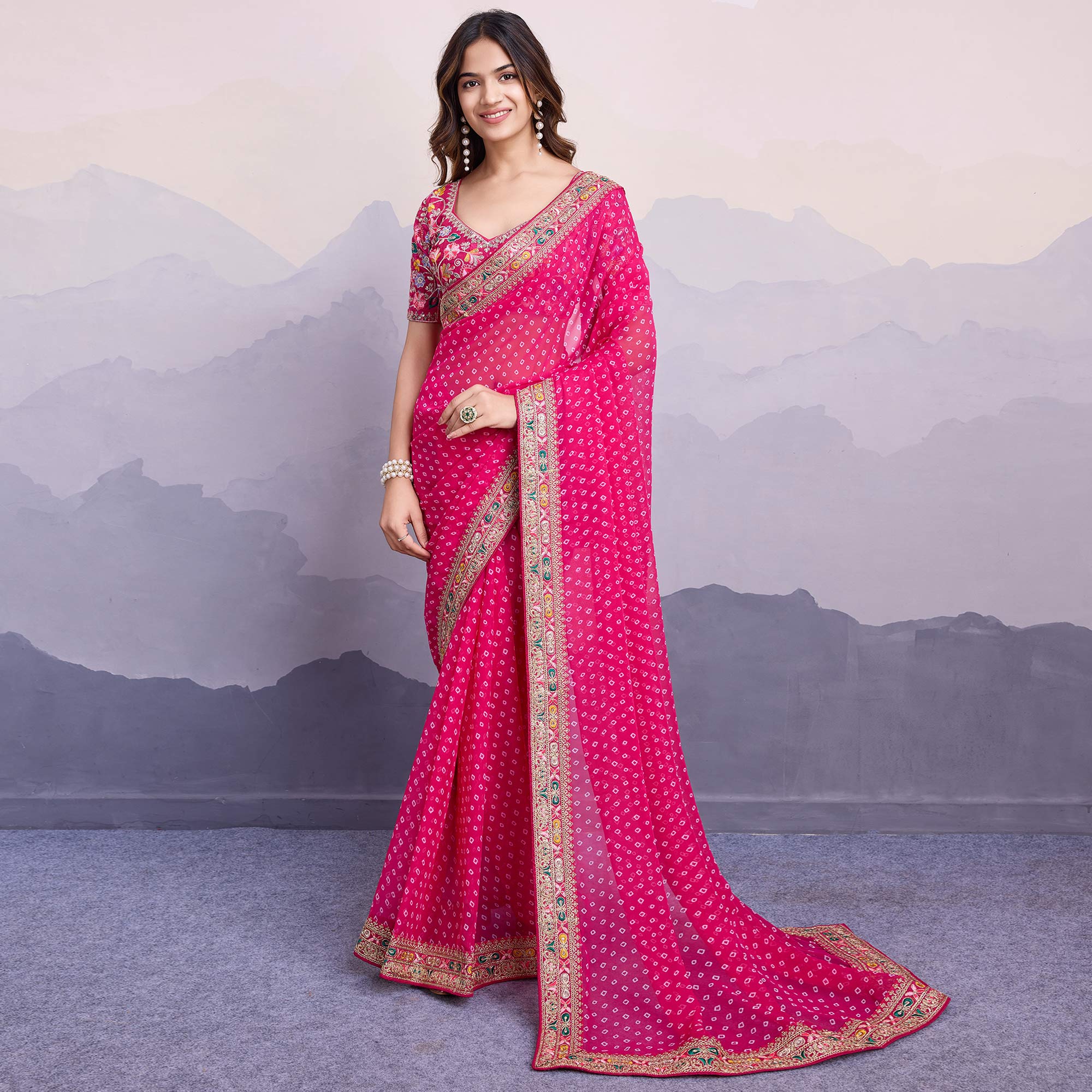 Rani Pink Bandhani Printed Georgette Saree With Embroidered Lace Border