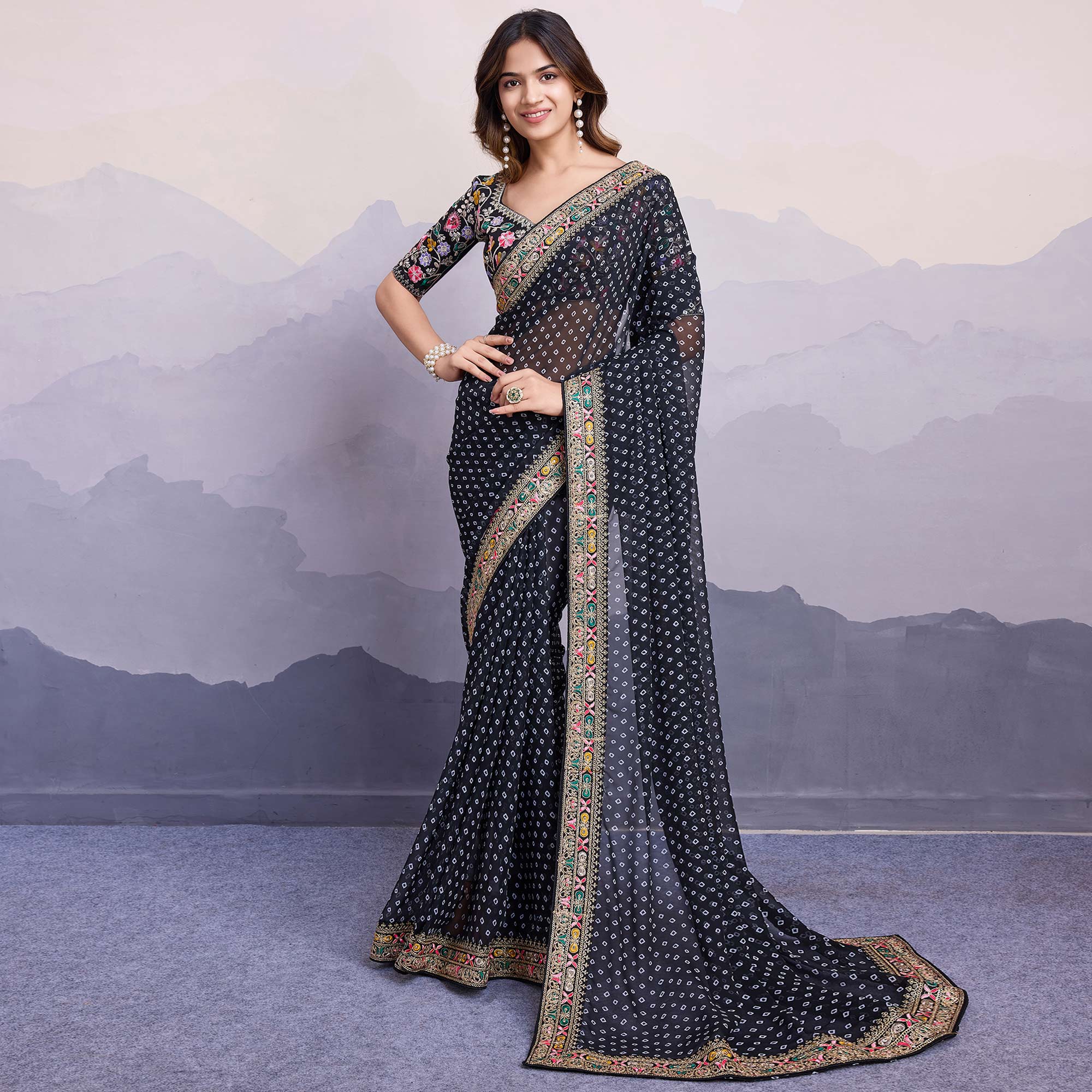 Black Bandhani Printed Georgette Saree With Embroidered Lace Border