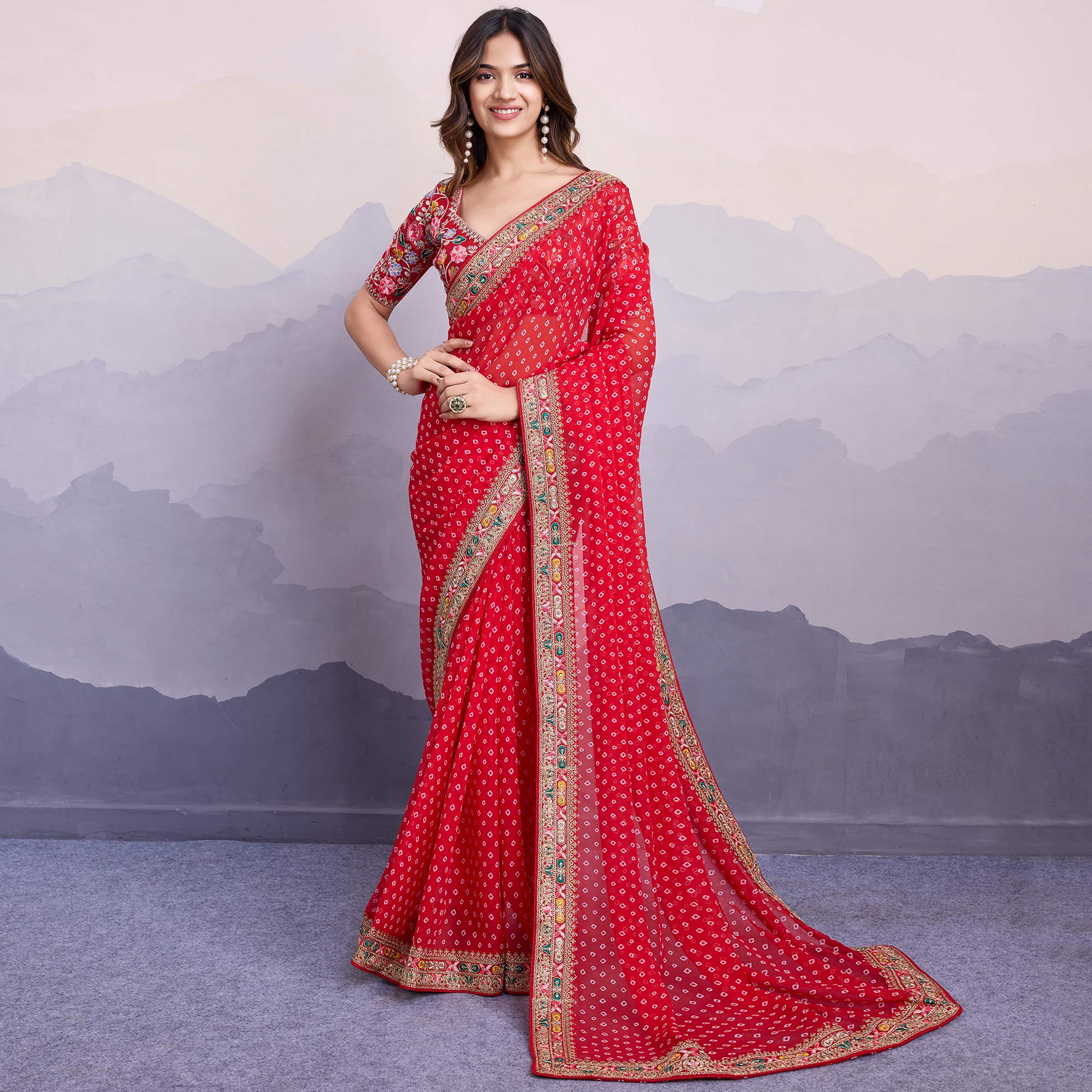 Red Bandhani Printed Georgette Saree With Embroidered Lace Border