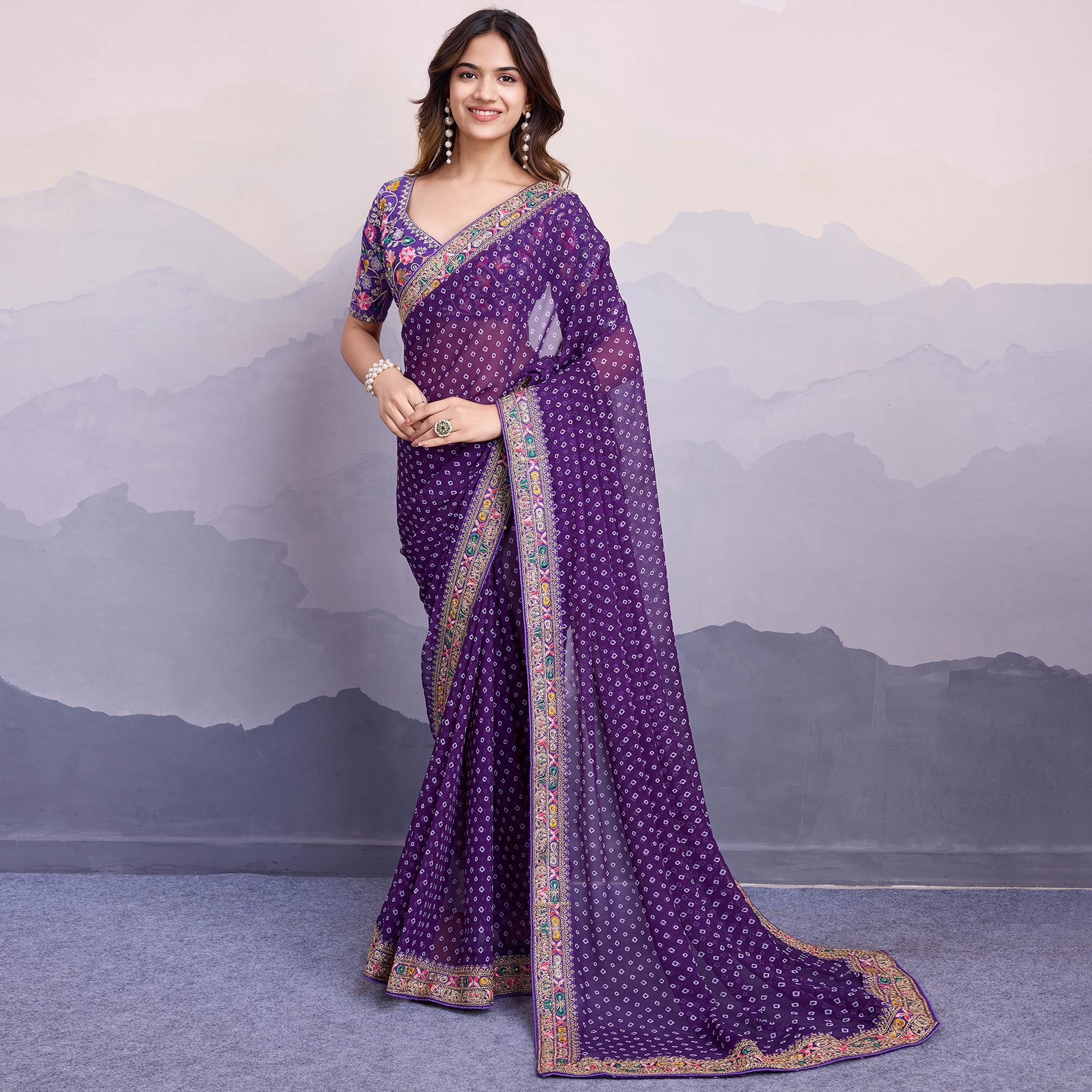 Purple Bandhani Printed Georgette Saree With Embroidered Lace Border