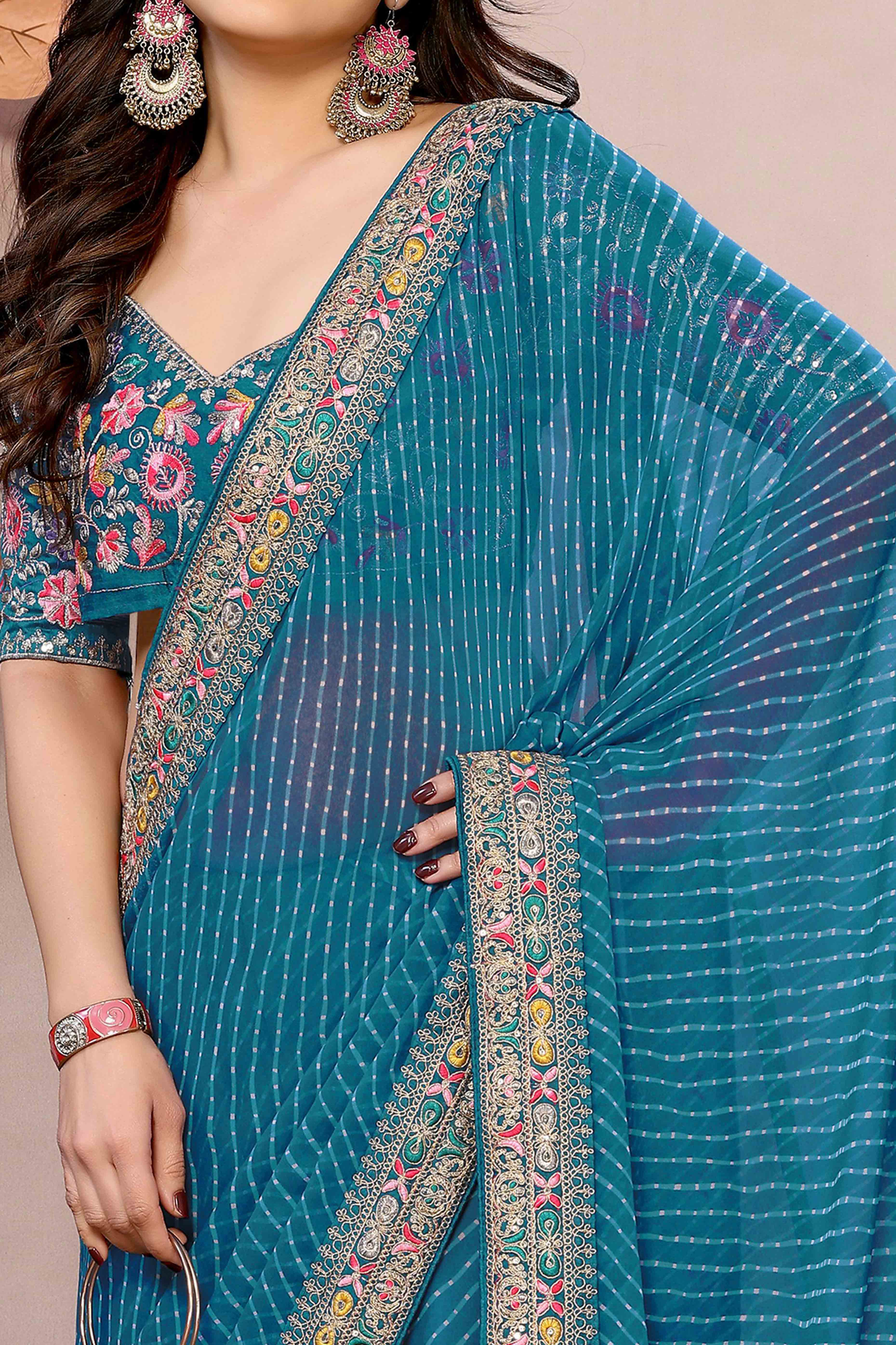 Blue Striped Printed Georgette Saree With Glittering Sequin Cording Embroidered Border