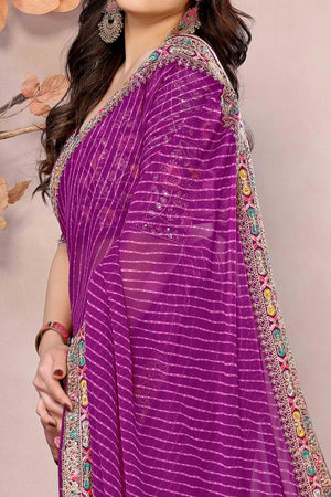 Purple Striped Printed Georgette Saree With Glittering Sequin Cording Embroidered Border