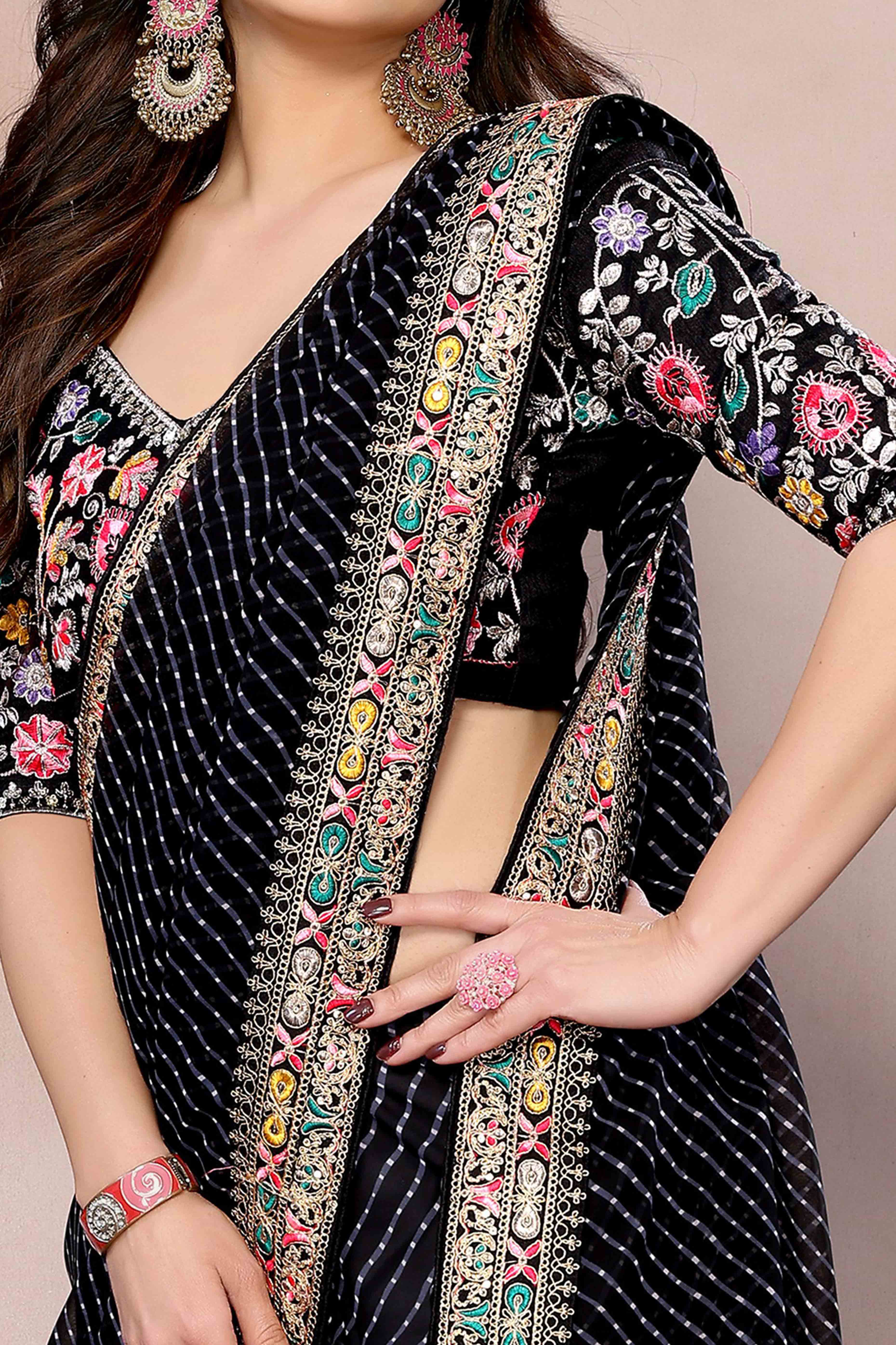 Black Striped Printed Georgette Saree With Glittering Sequin Cording Embroidered Border