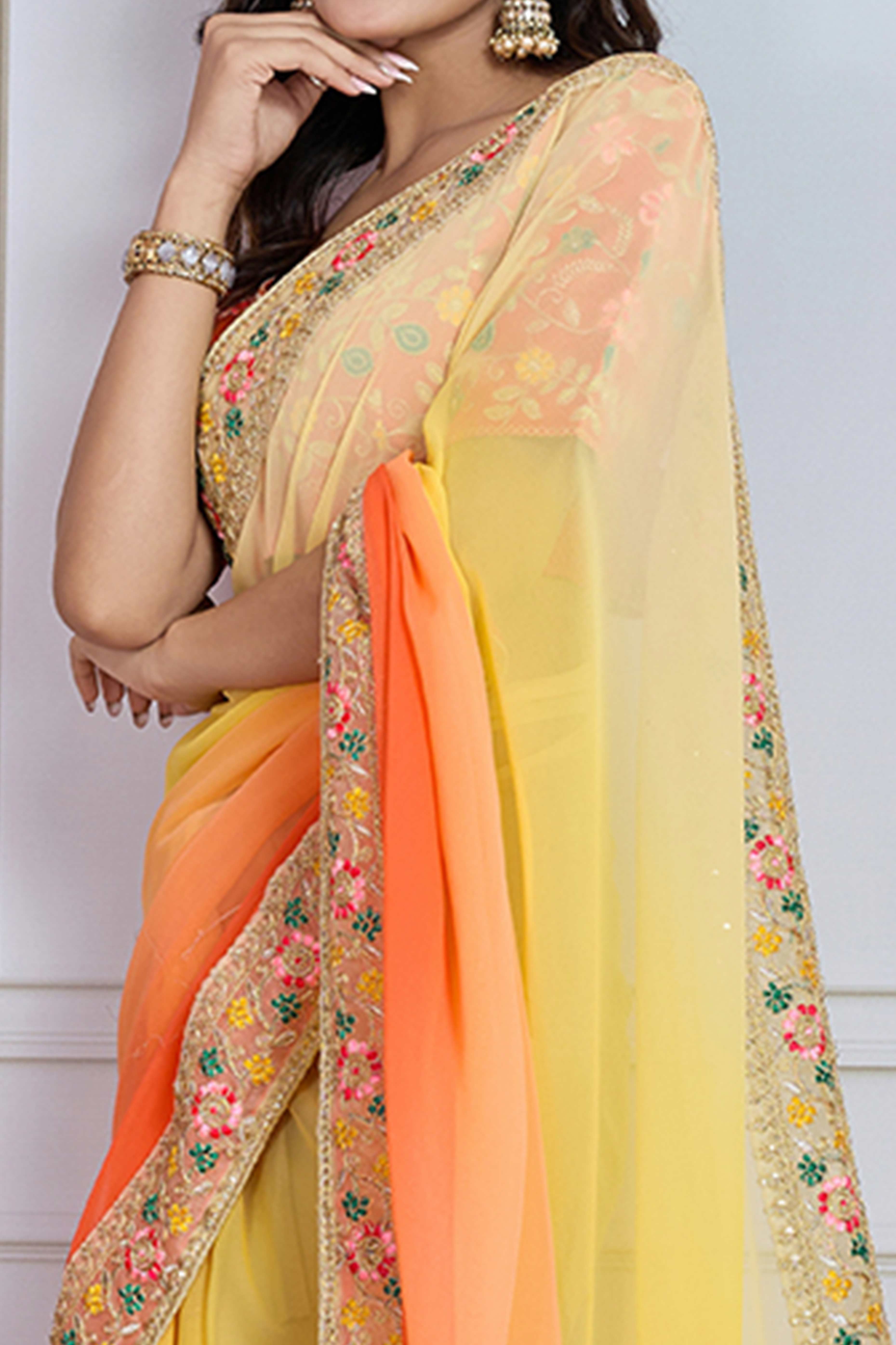 Yellow To Orange Georgette Ombre Saree With Intricate Floral Cording Embroidery & Sequin Detailing